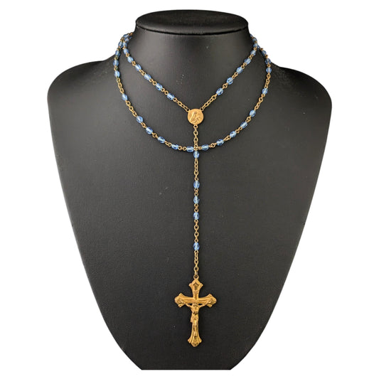 Antique blue glass rosary bead necklace, Gilt crucifix pendant