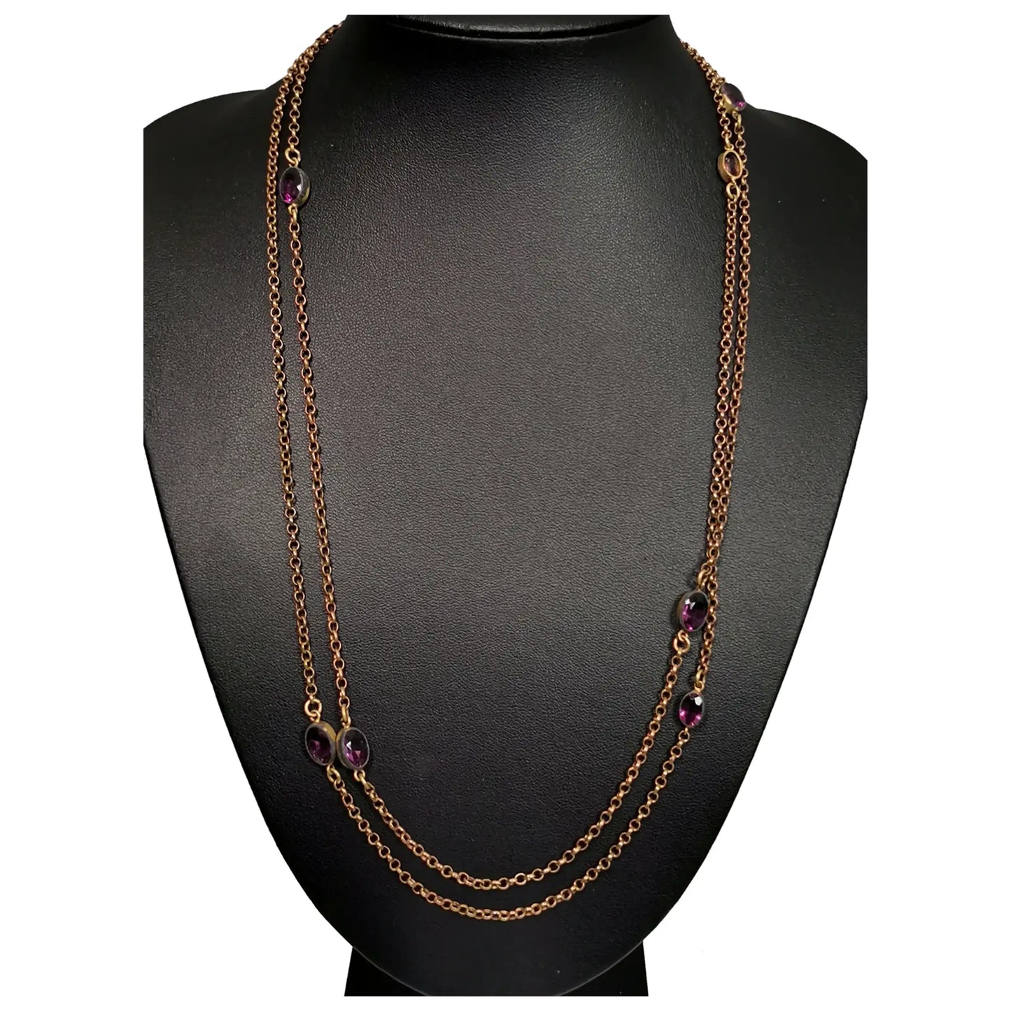 Antique Edwardian Sautoir necklace, purple paste, Gold plated long chain