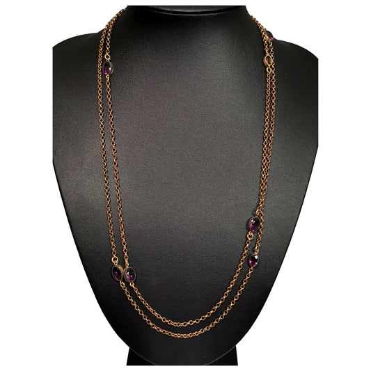 Antique Edwardian Sautoir necklace, purple paste, Gold plated long chain