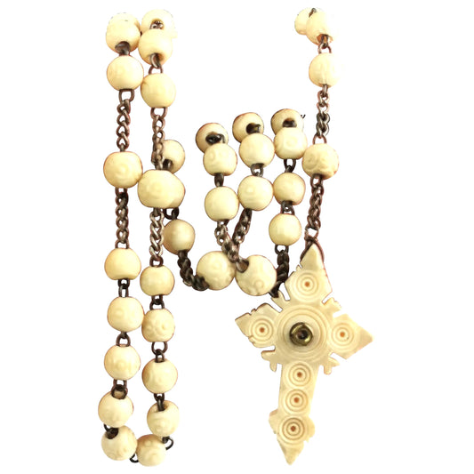 Antique French rosary bead necklace, Stanhope Cross pendant, bovine bone