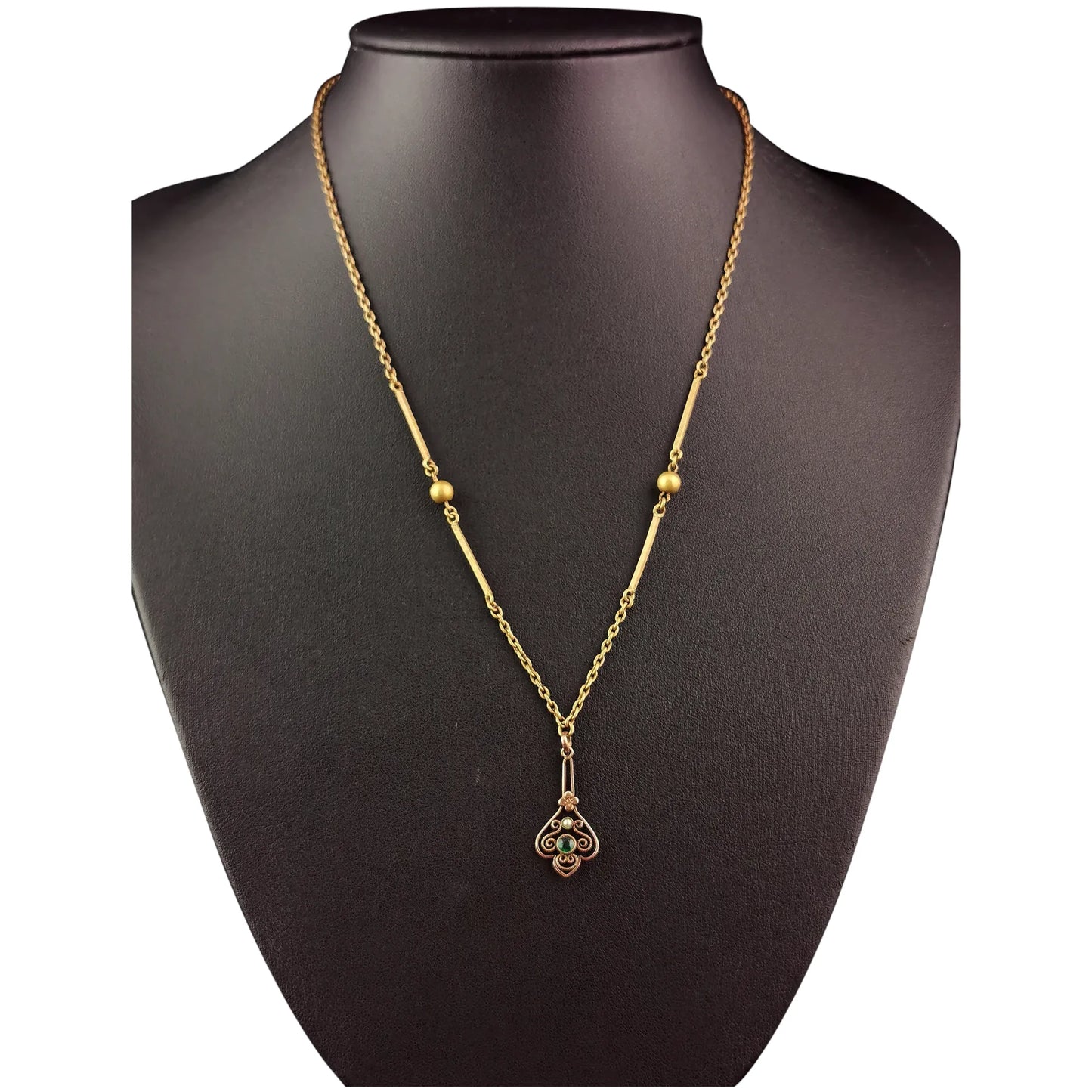 Antique gilt pendant necklace, Green paste, Fancy link chain