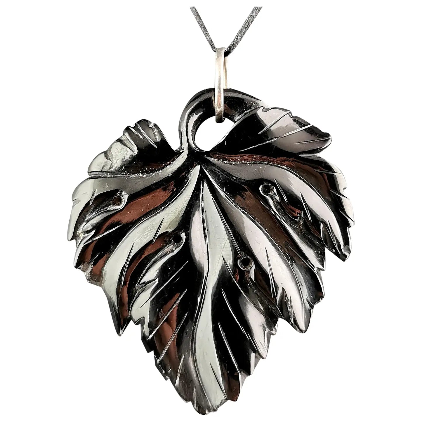 Antique Victorian Whitby Jet vine leaf pendant