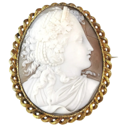 Antique Victorian cameo brooch, Bacchante, Gilt metal