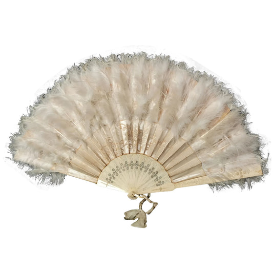 Antique Victorian hand fan, silk, feather and bone
