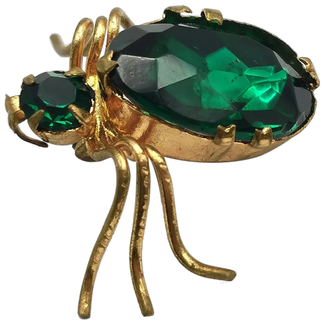 Antique gilt metal spider brooch, Emerald green paste