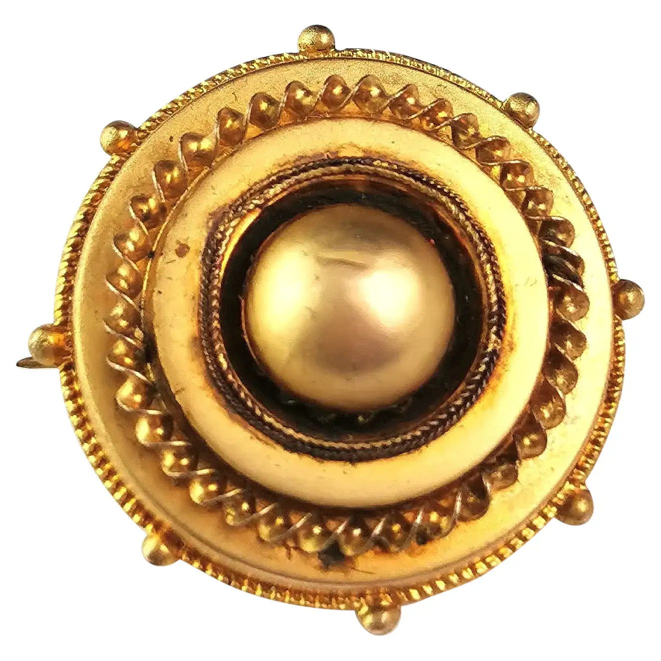 Antique Victorian gilt target brooch, hairwork, Mourning