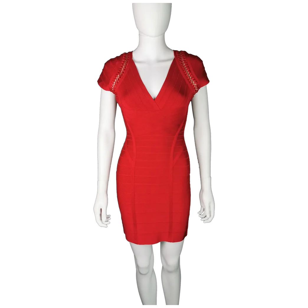 Herve Leger bandage dress, lipstick red, Max Azria