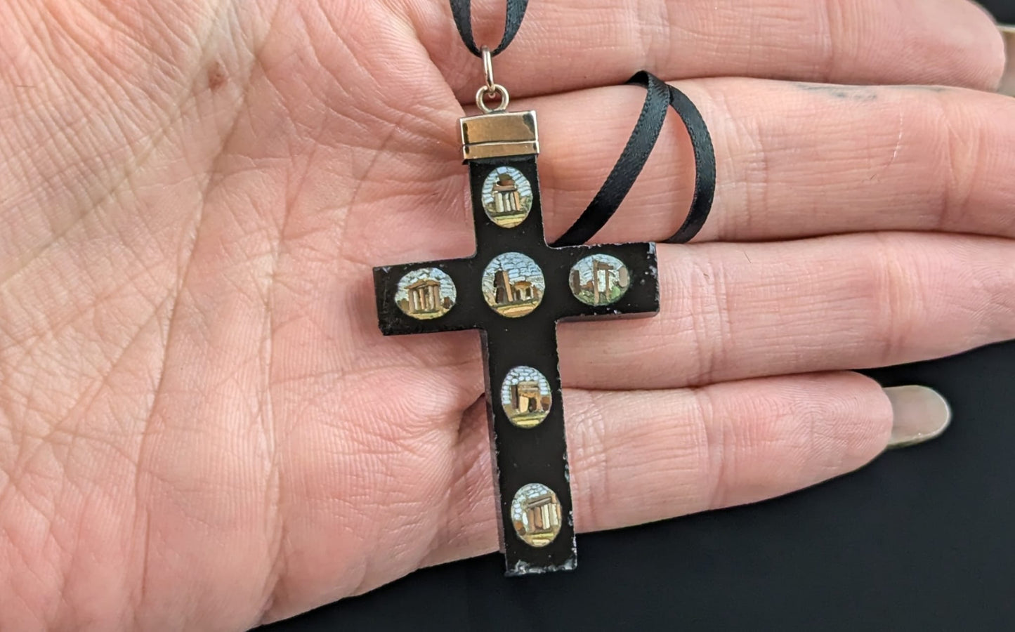 Antique Micro mosaic cross pendant, Grand Tour