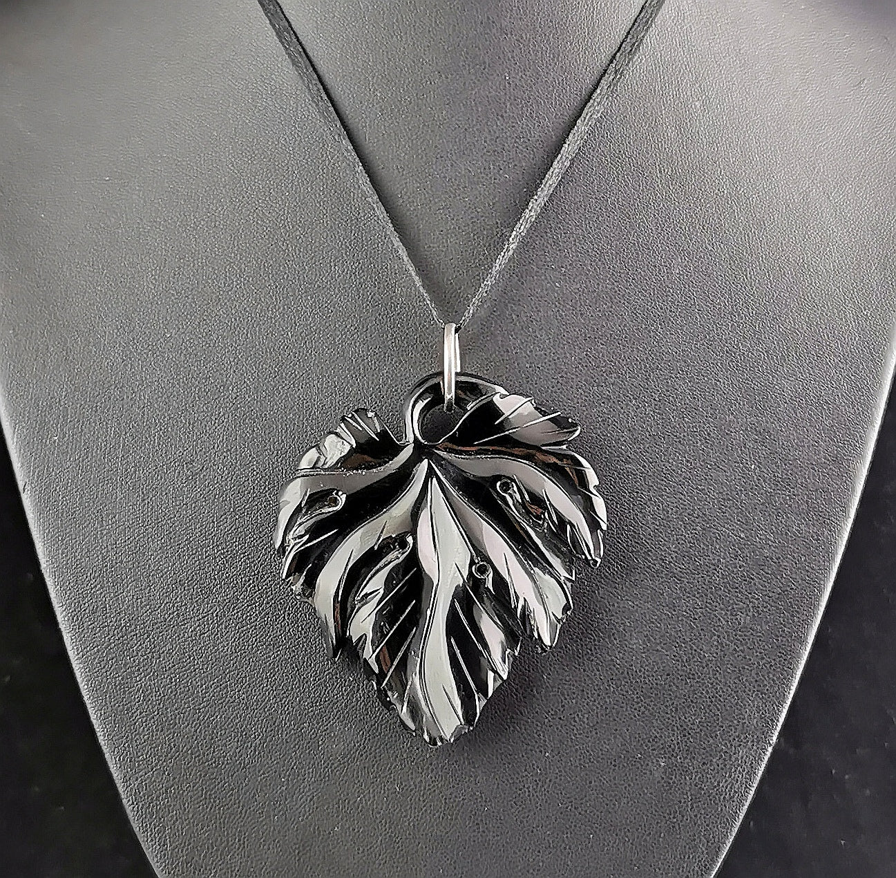 Antique Victorian Whitby Jet vine leaf pendant