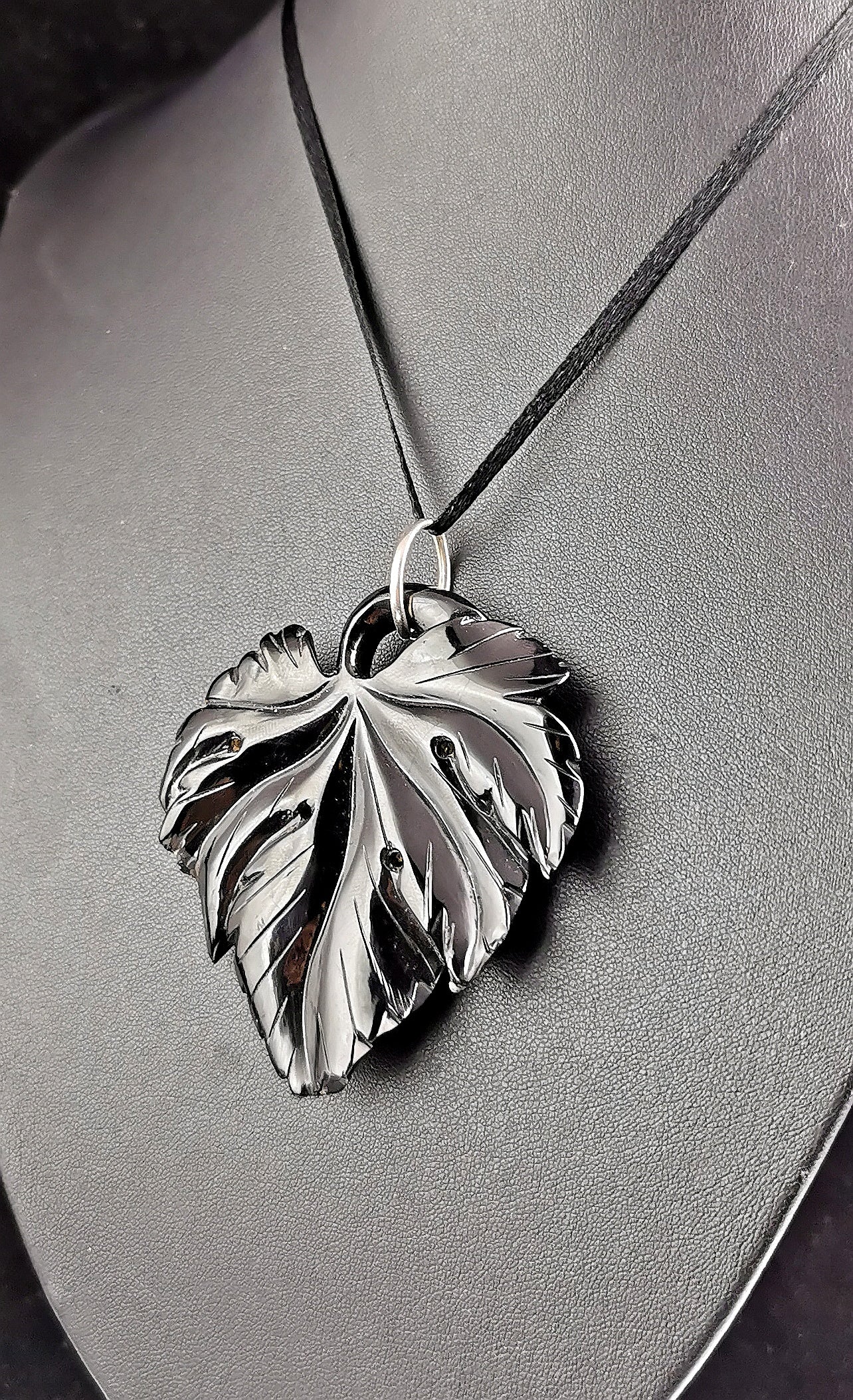 Antique Victorian Whitby Jet vine leaf pendant