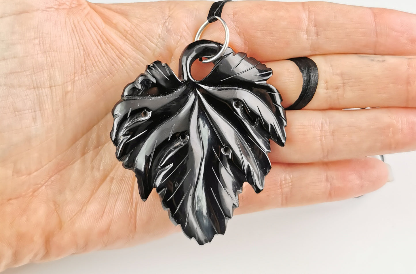 Antique Victorian Whitby Jet vine leaf pendant