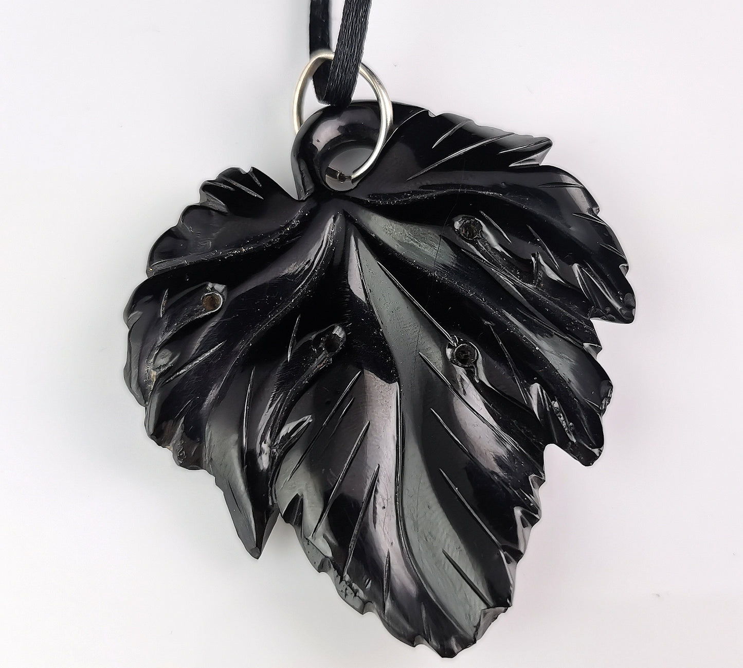 Antique Victorian Whitby Jet vine leaf pendant