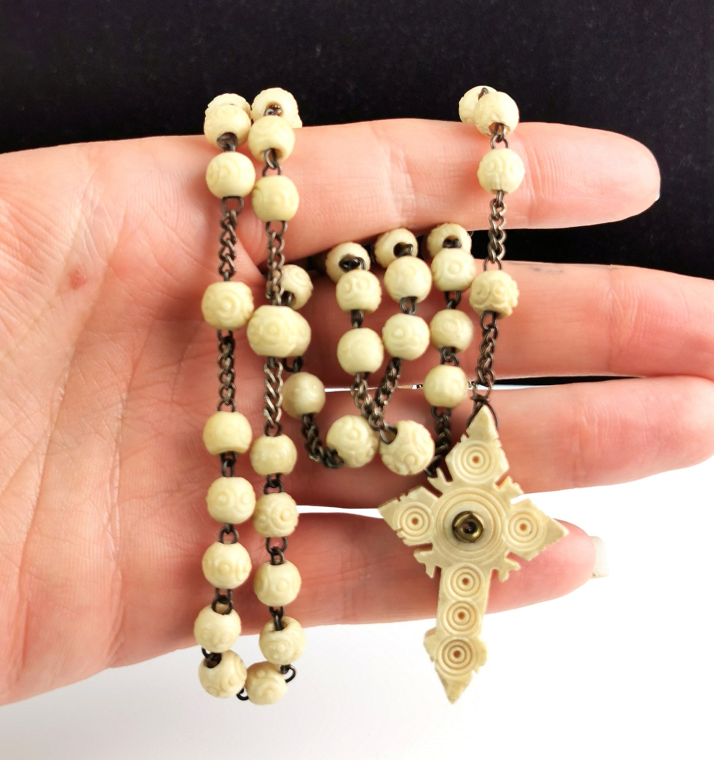 Antique French rosary bead necklace, Stanhope Cross pendant, bovine bone
