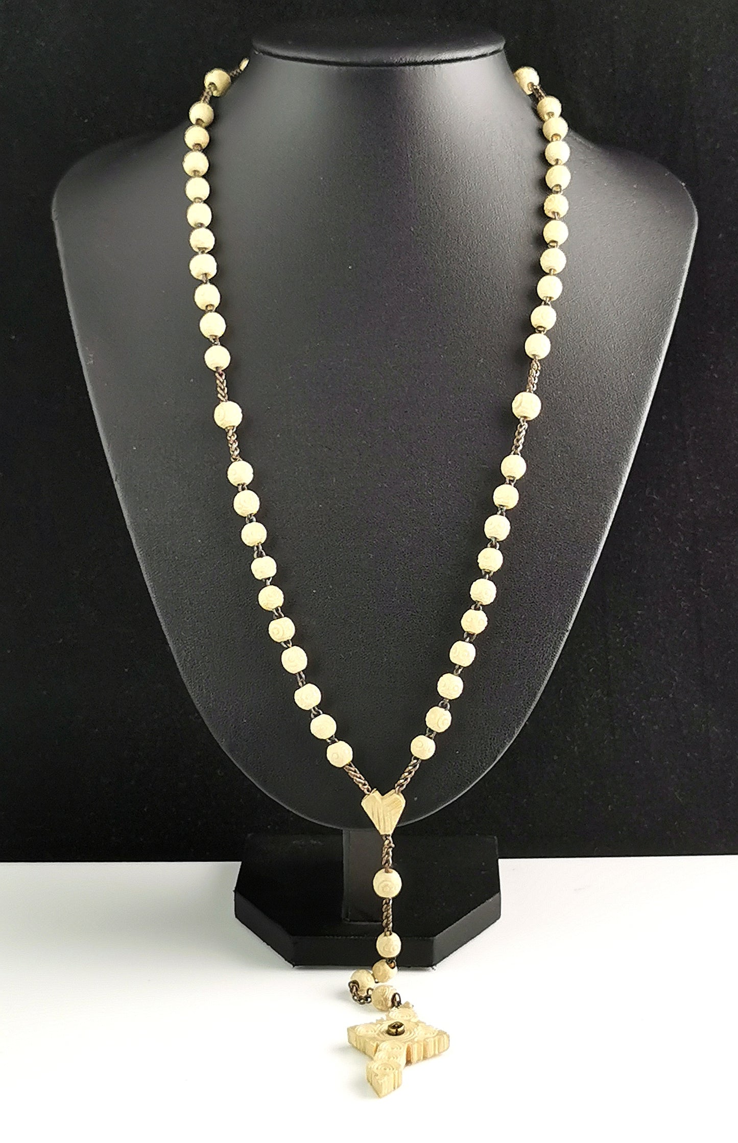 Antique French rosary bead necklace, Stanhope Cross pendant, bovine bone