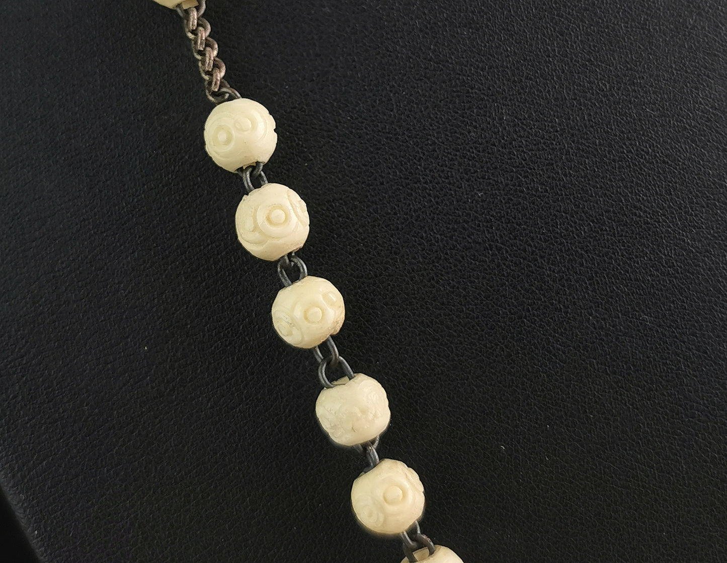 Antique French rosary bead necklace, Stanhope Cross pendant, bovine bone