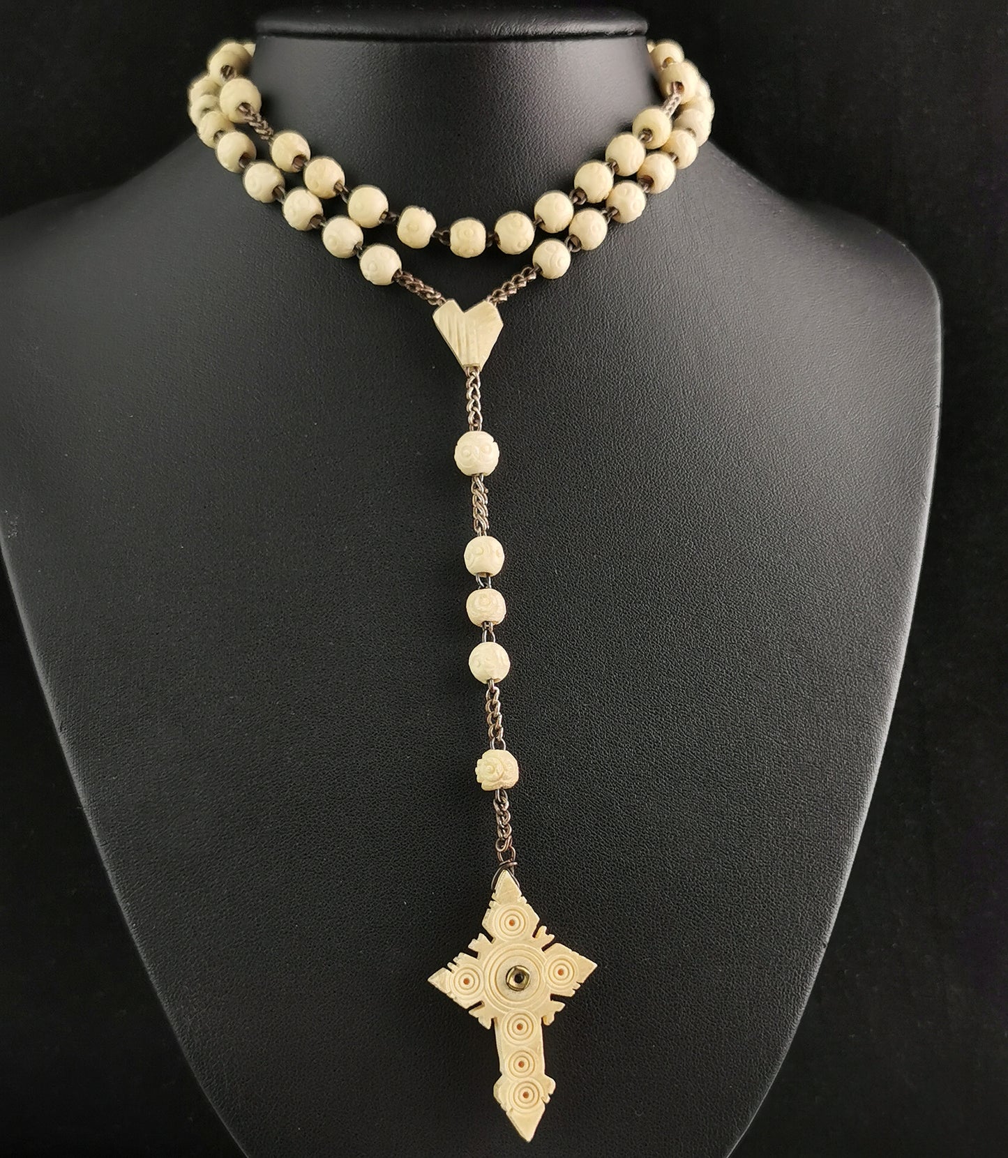 Antique French rosary bead necklace, Stanhope Cross pendant, bovine bone