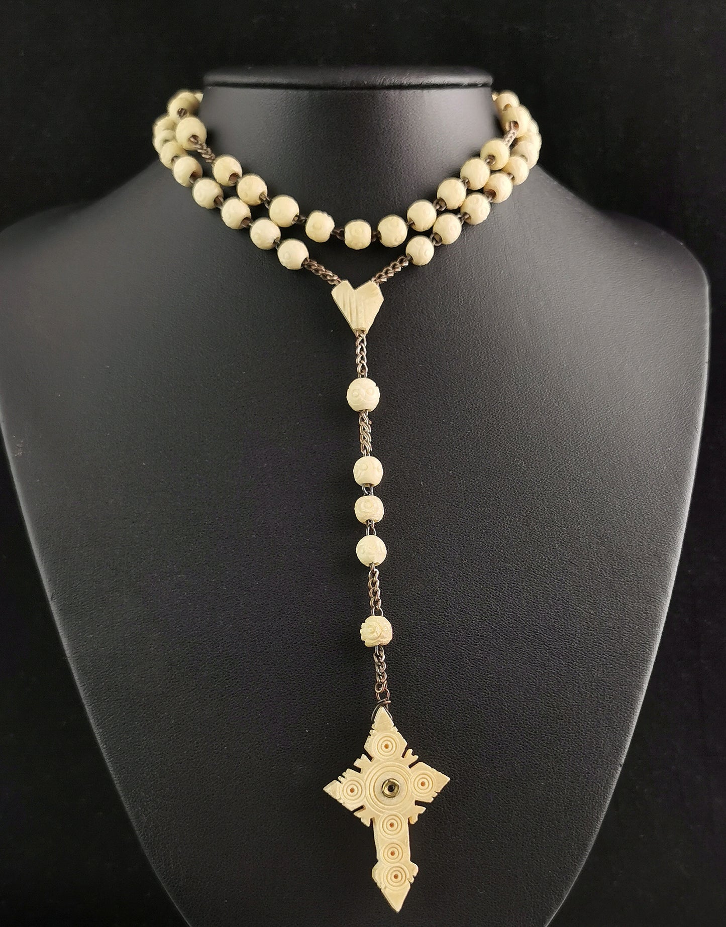 Antique French rosary bead necklace, Stanhope Cross pendant, bovine bone