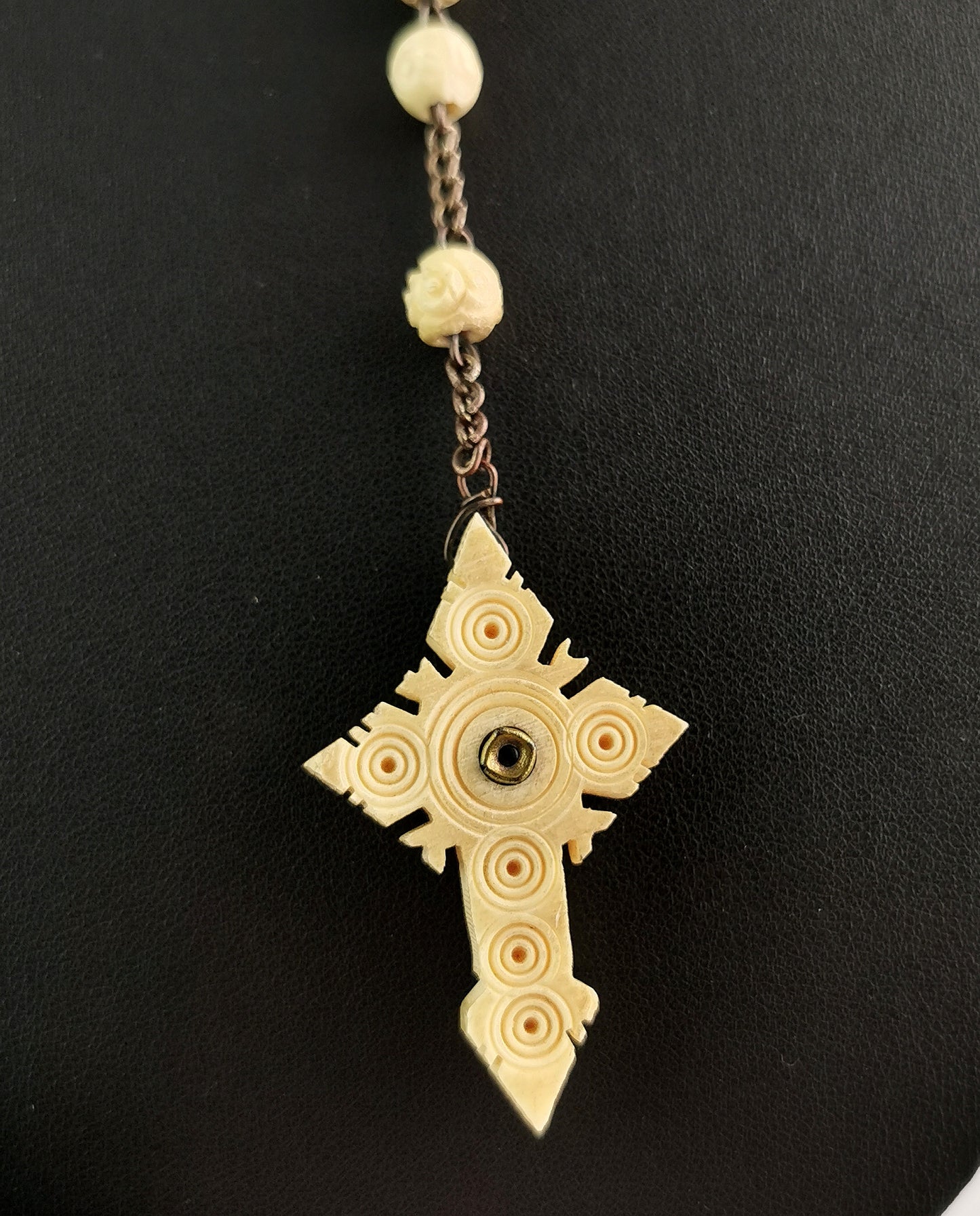 Antique French rosary bead necklace, Stanhope Cross pendant, bovine bone