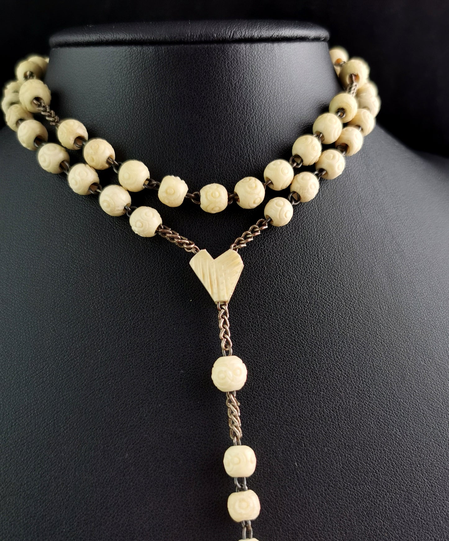Antique French rosary bead necklace, Stanhope Cross pendant, bovine bone
