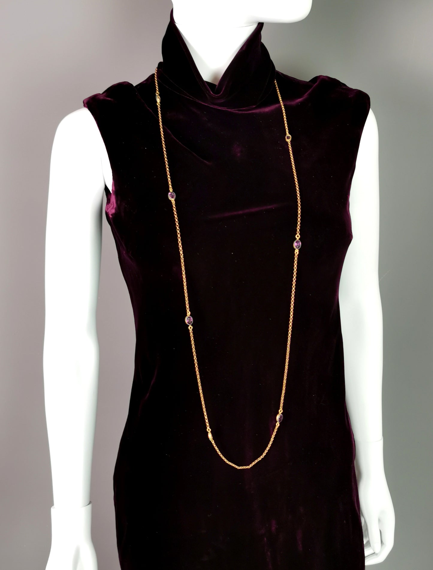 Antique Edwardian Sautoir necklace, purple paste, Gold plated long chain