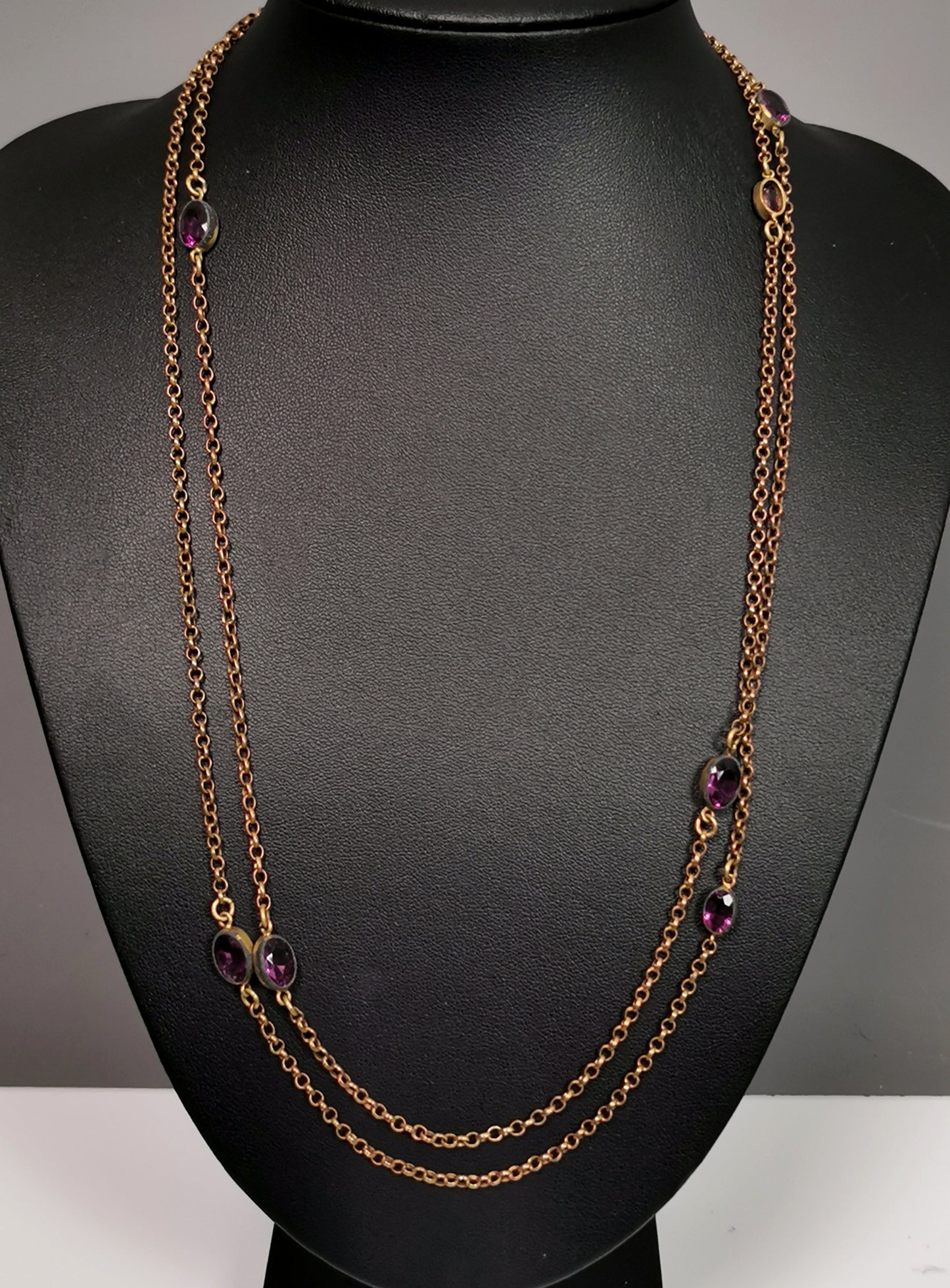 Antique Edwardian Sautoir necklace, purple paste, Gold plated long chain