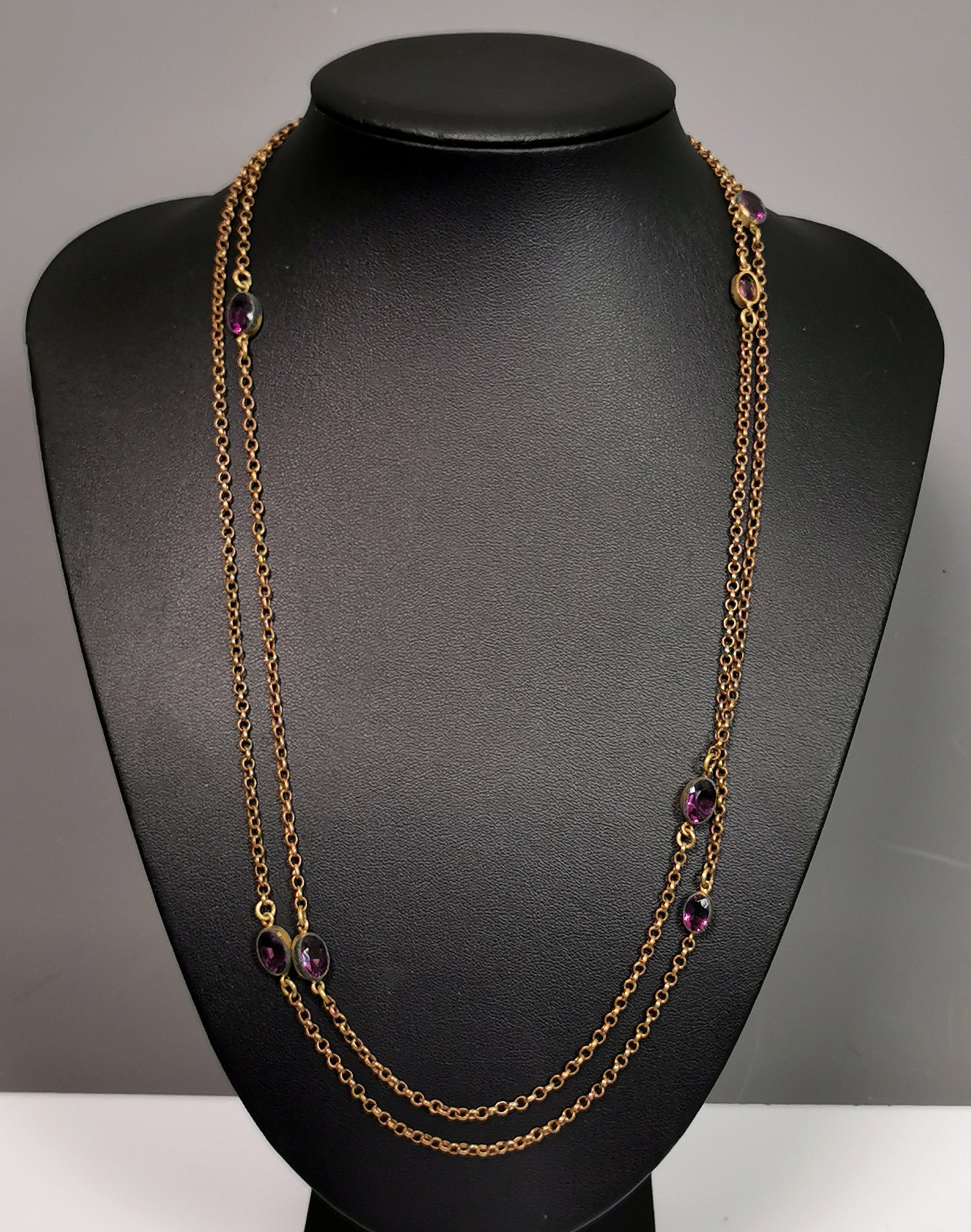 Antique Edwardian Sautoir necklace, purple paste, Gold plated long chain