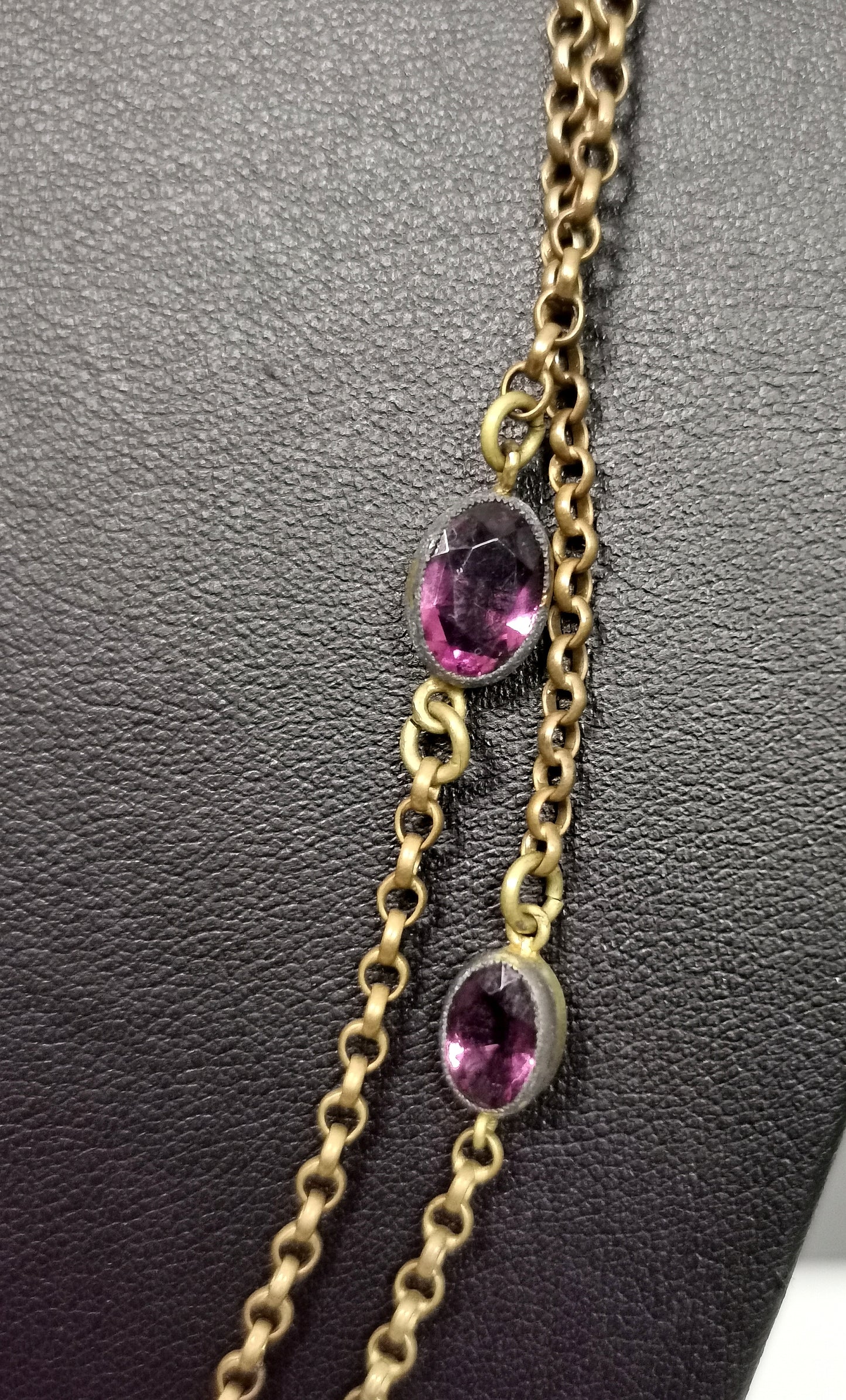 Antique Edwardian Sautoir necklace, purple paste, Gold plated long chain