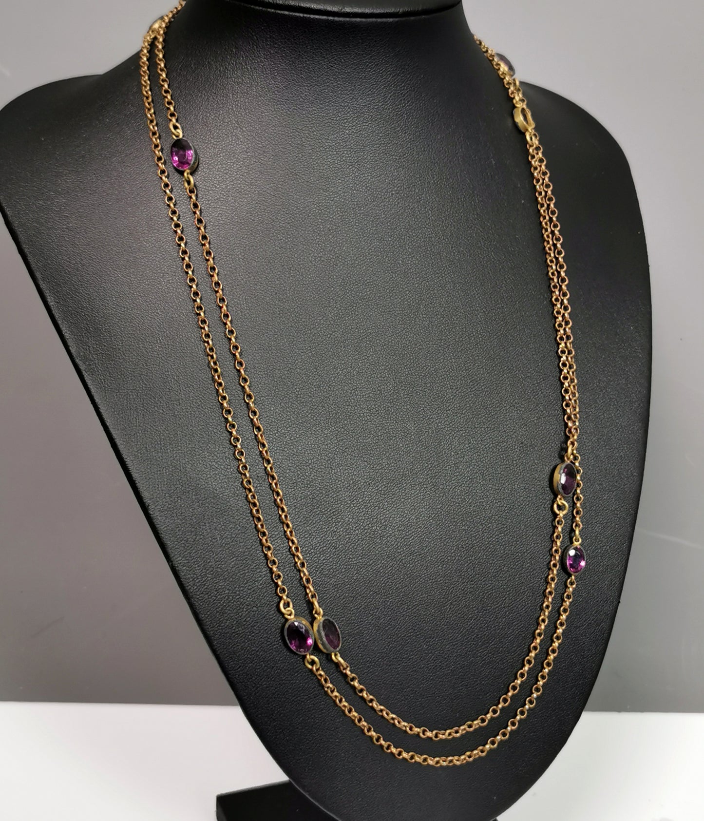 Antique Edwardian Sautoir necklace, purple paste, Gold plated long chain