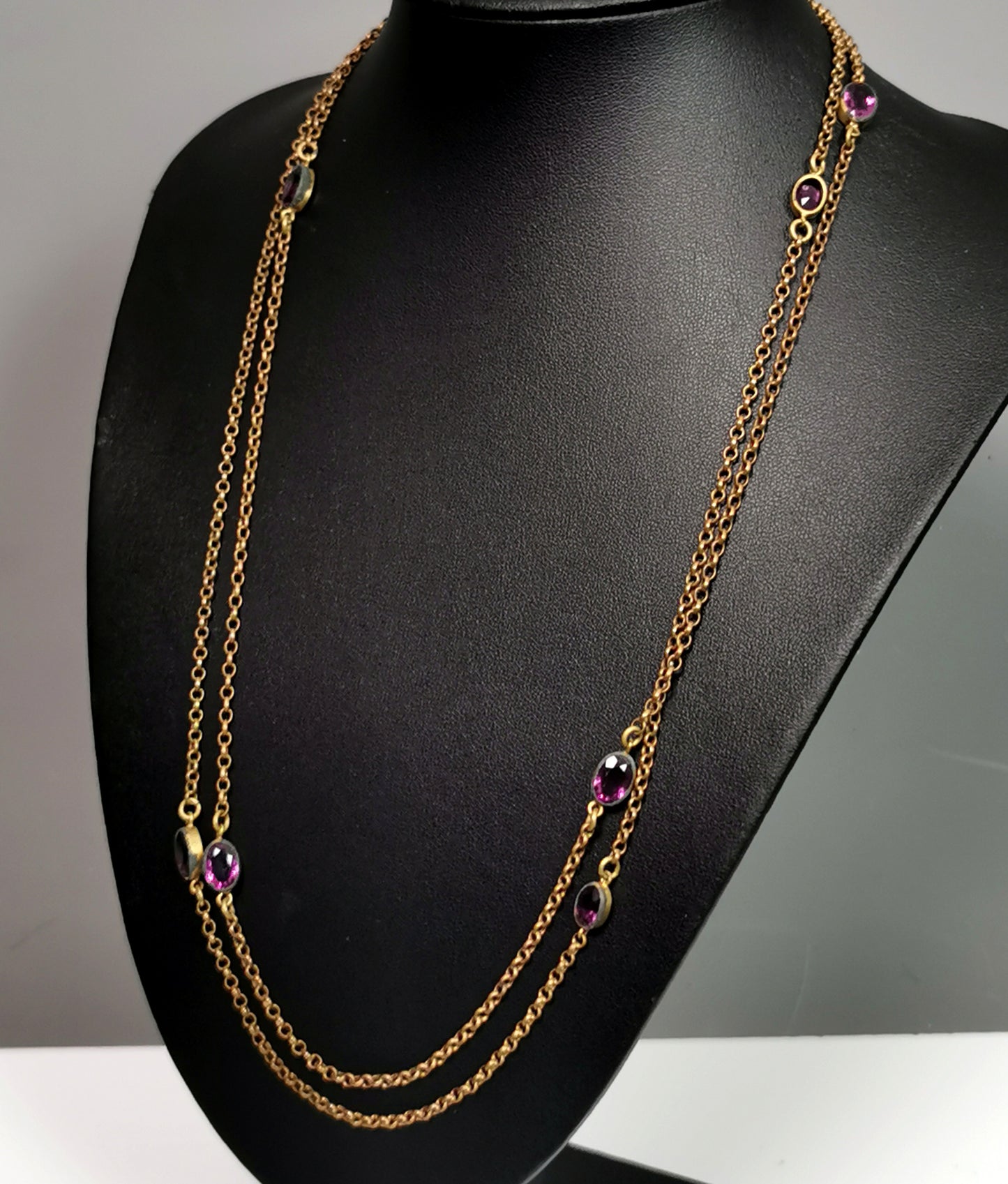 Antique Edwardian Sautoir necklace, purple paste, Gold plated long chain
