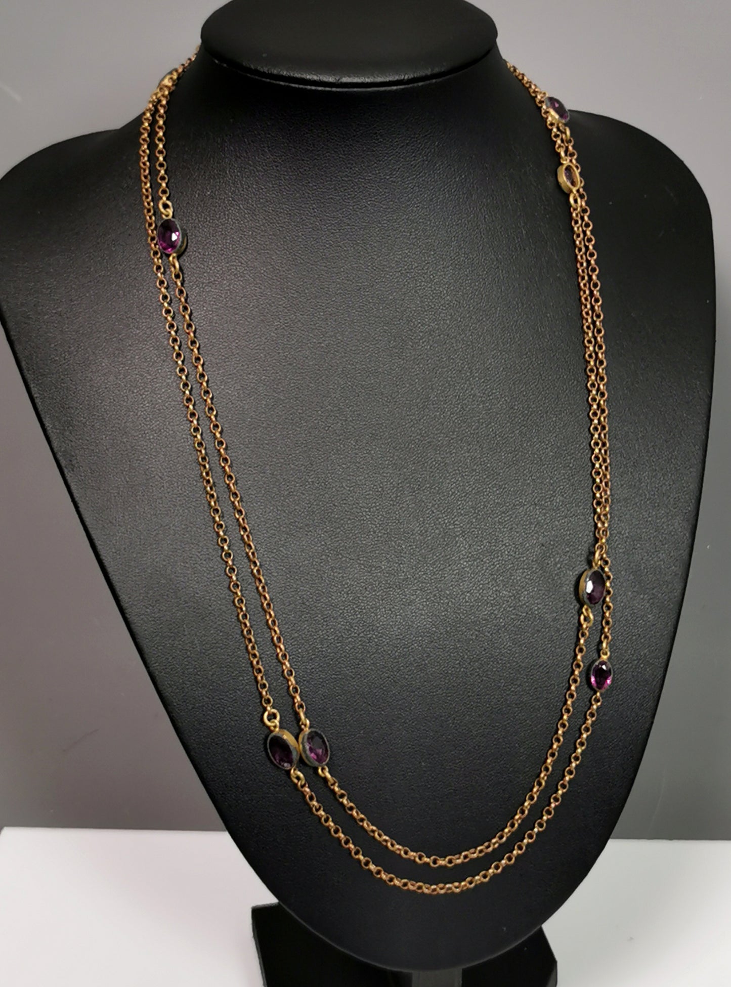 Antique Edwardian Sautoir necklace, purple paste, Gold plated long chain