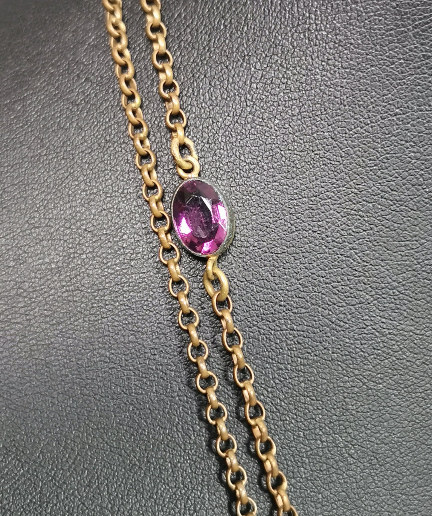Antique Edwardian Sautoir necklace, purple paste, Gold plated long chain
