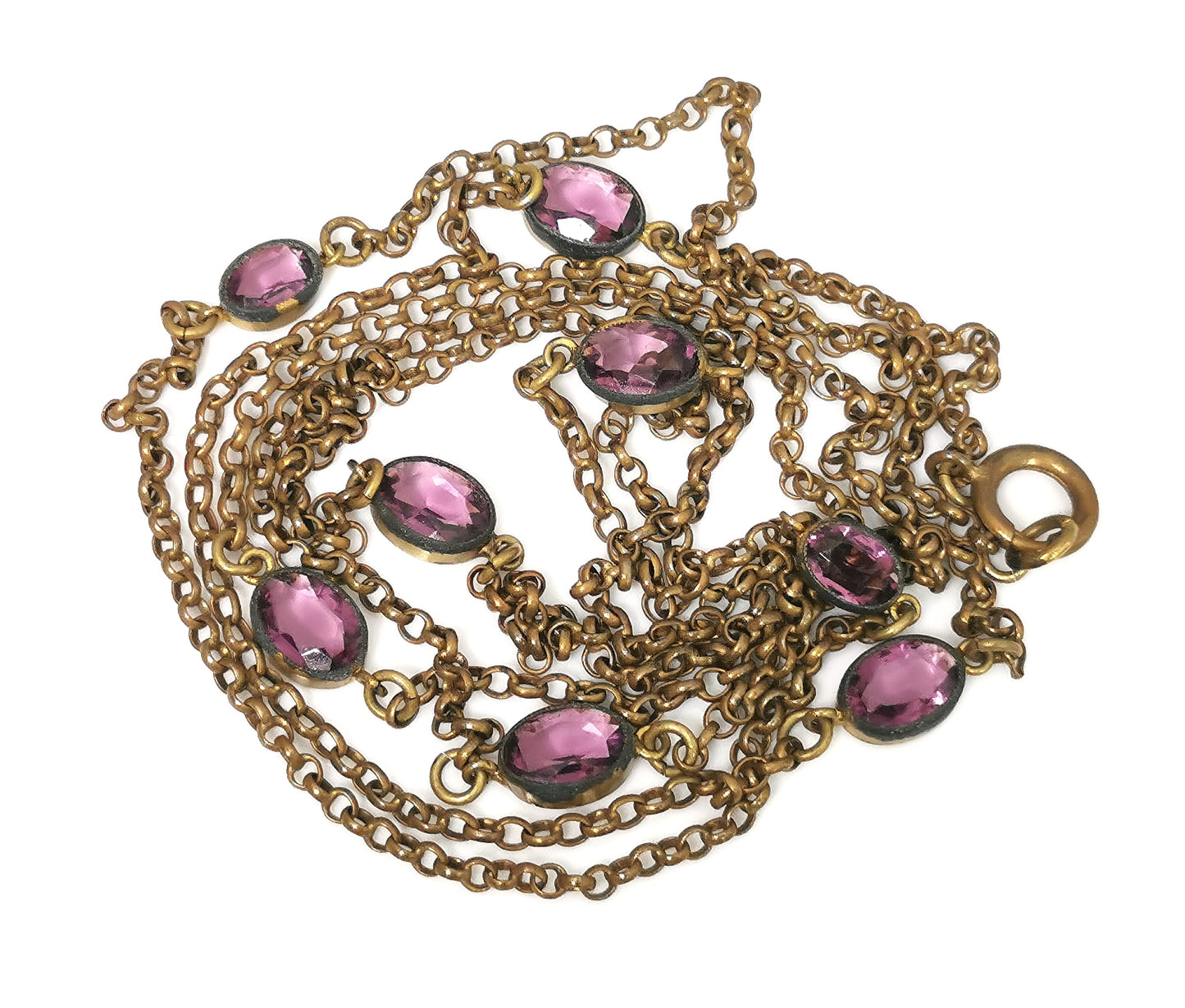 Antique Edwardian Sautoir necklace, purple paste, Gold plated long chain