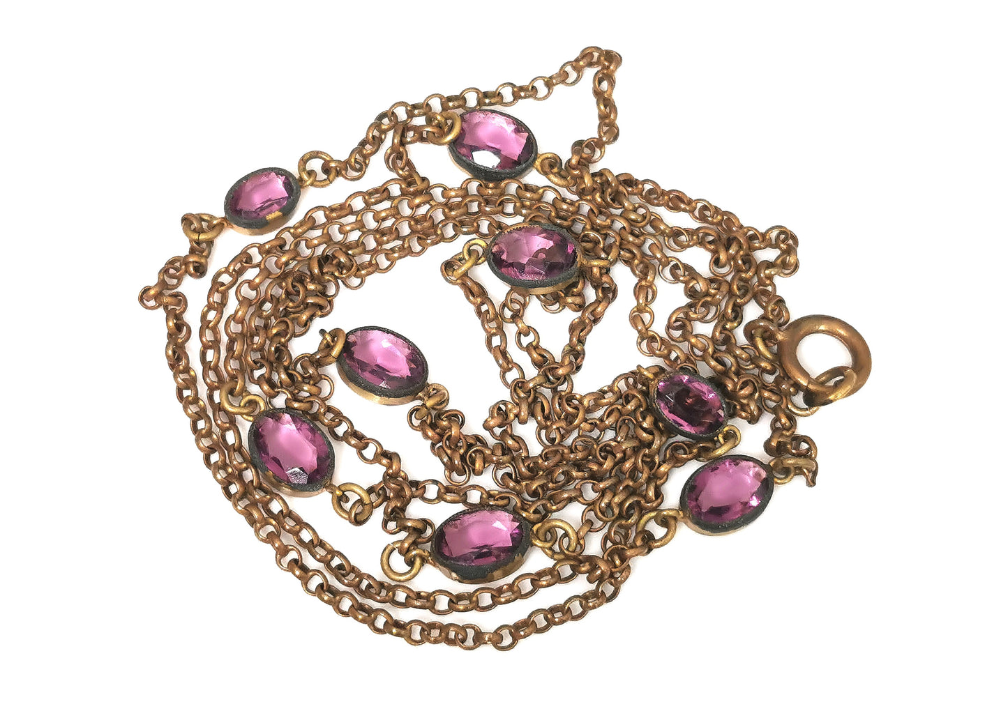 Antique Edwardian Sautoir necklace, purple paste, Gold plated long chain