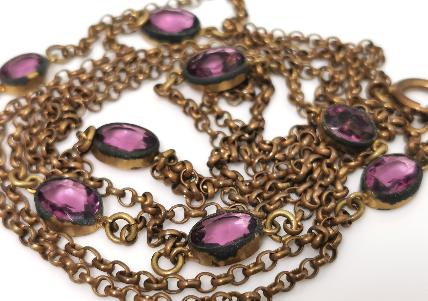 Antique Edwardian Sautoir necklace, purple paste, Gold plated long chain