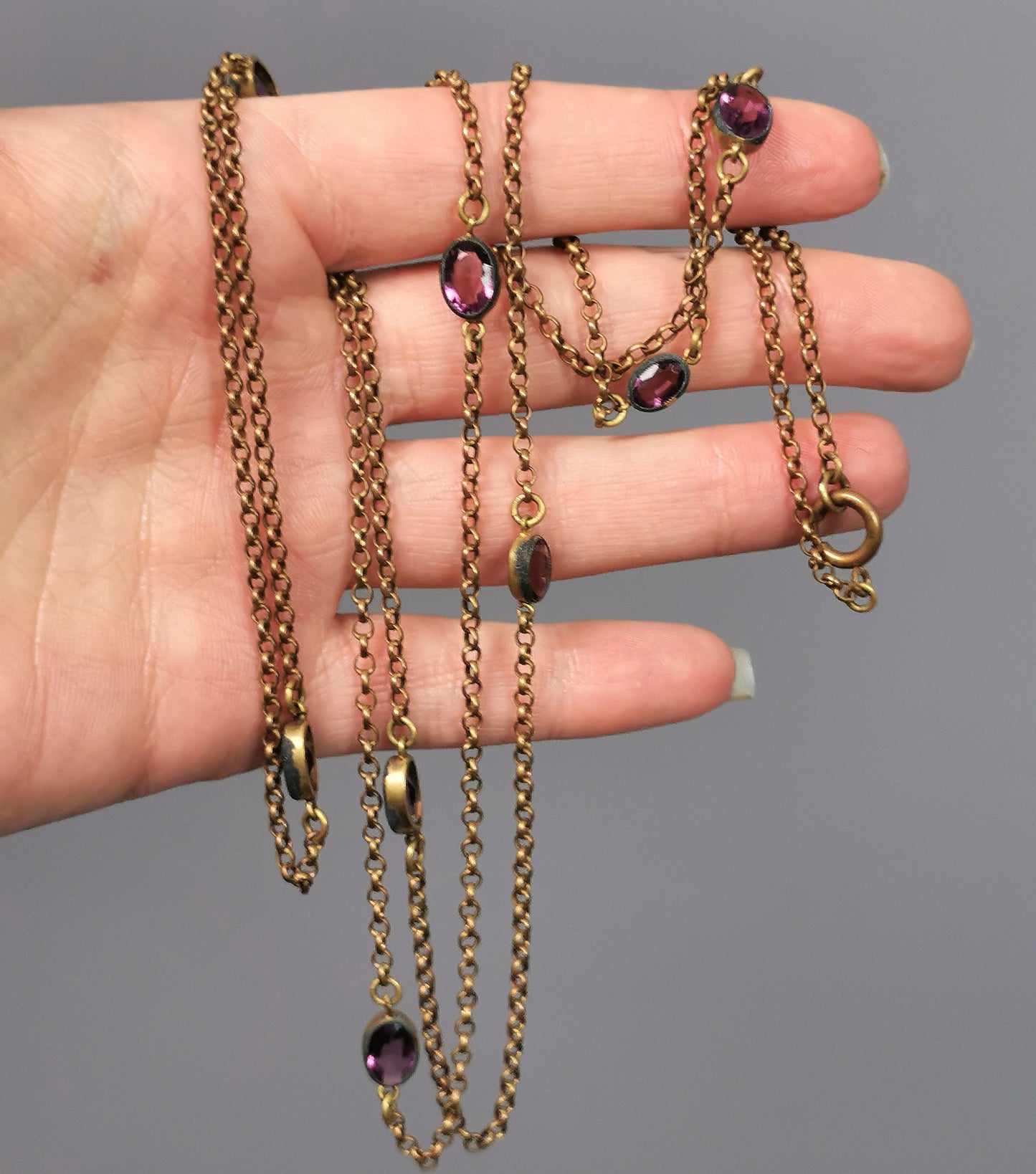 Antique Edwardian Sautoir necklace, purple paste, Gold plated long chain