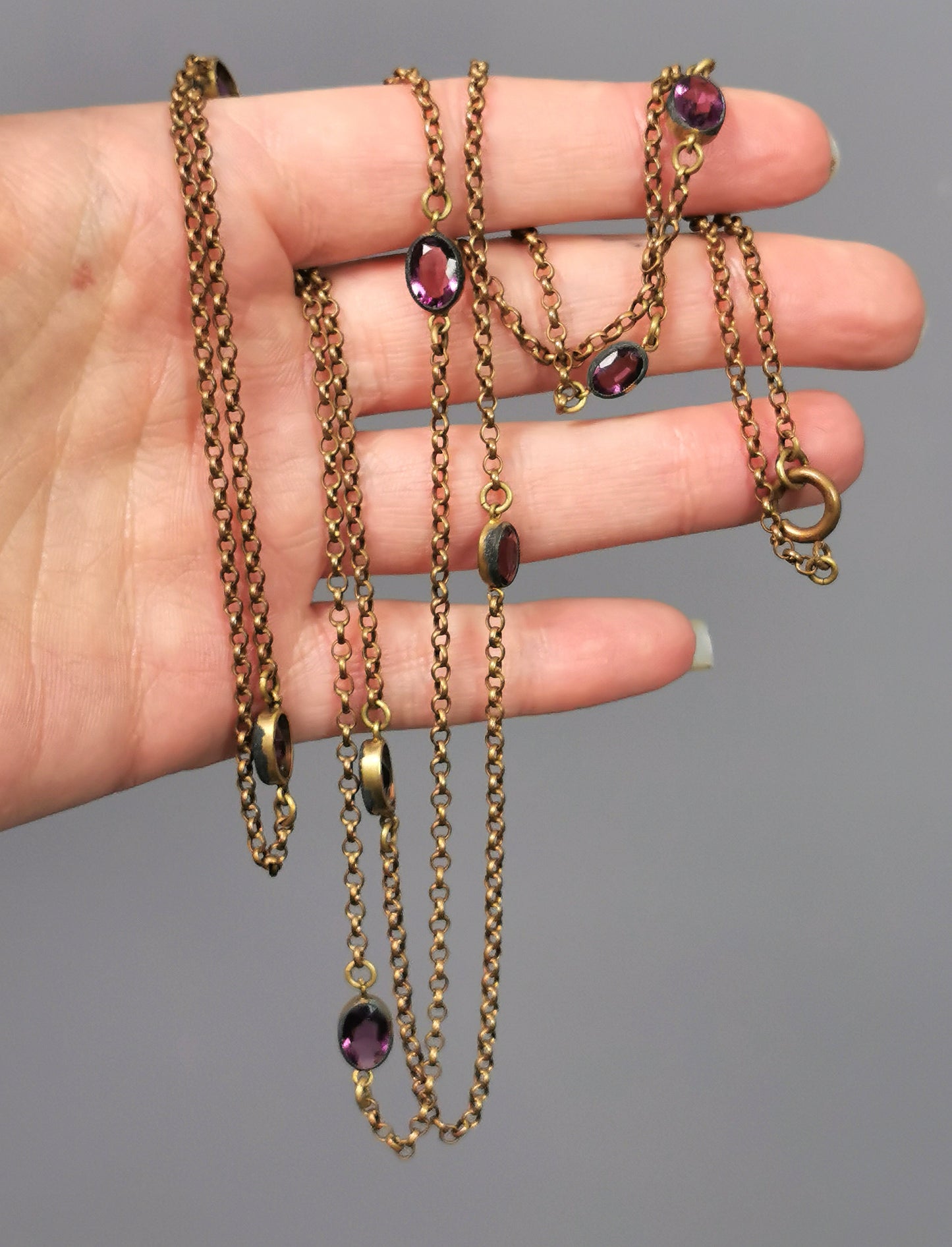 Antique Edwardian Sautoir necklace, purple paste, Gold plated long chain