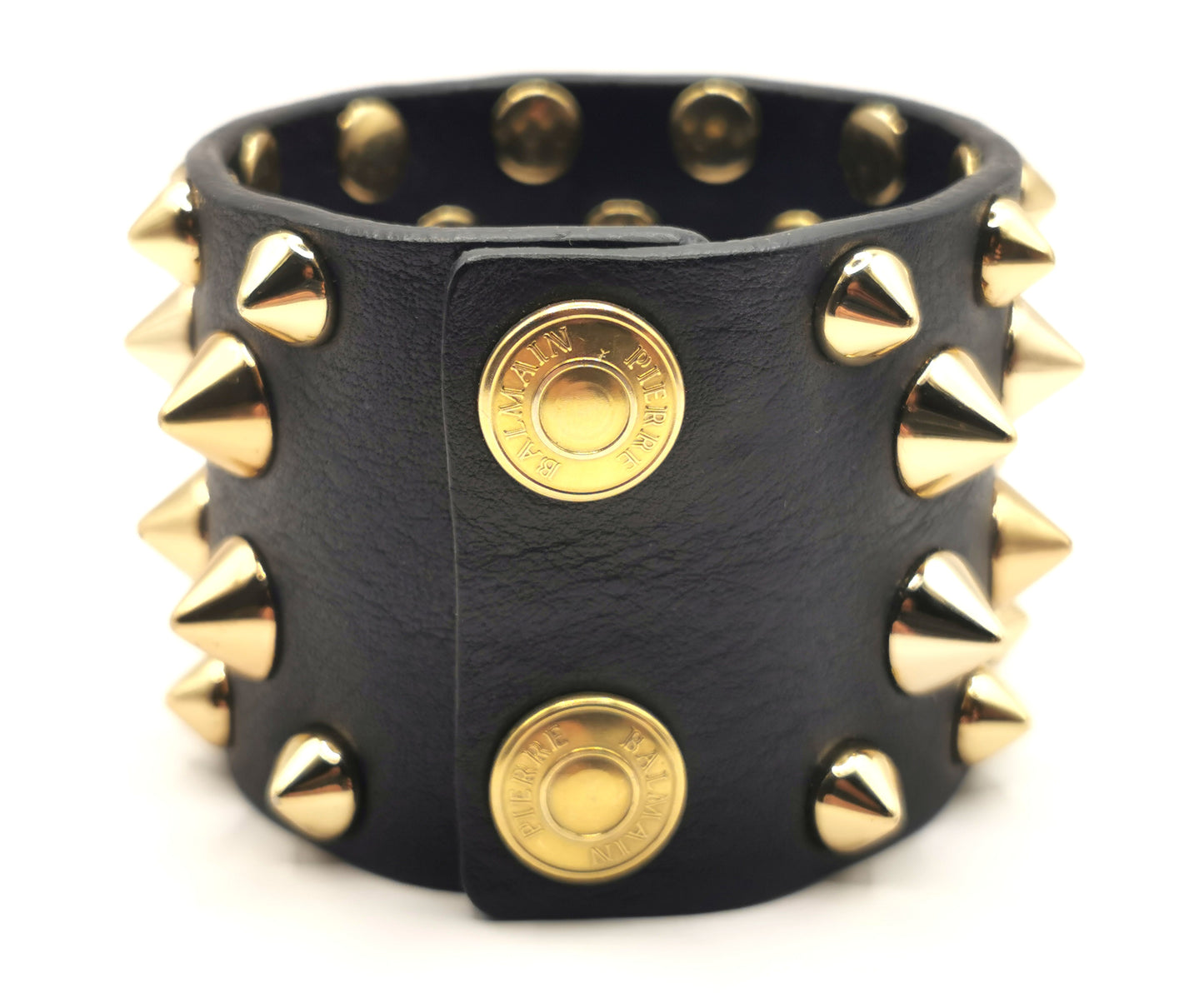 Balmain studded leather cuff bracelet, black and gold