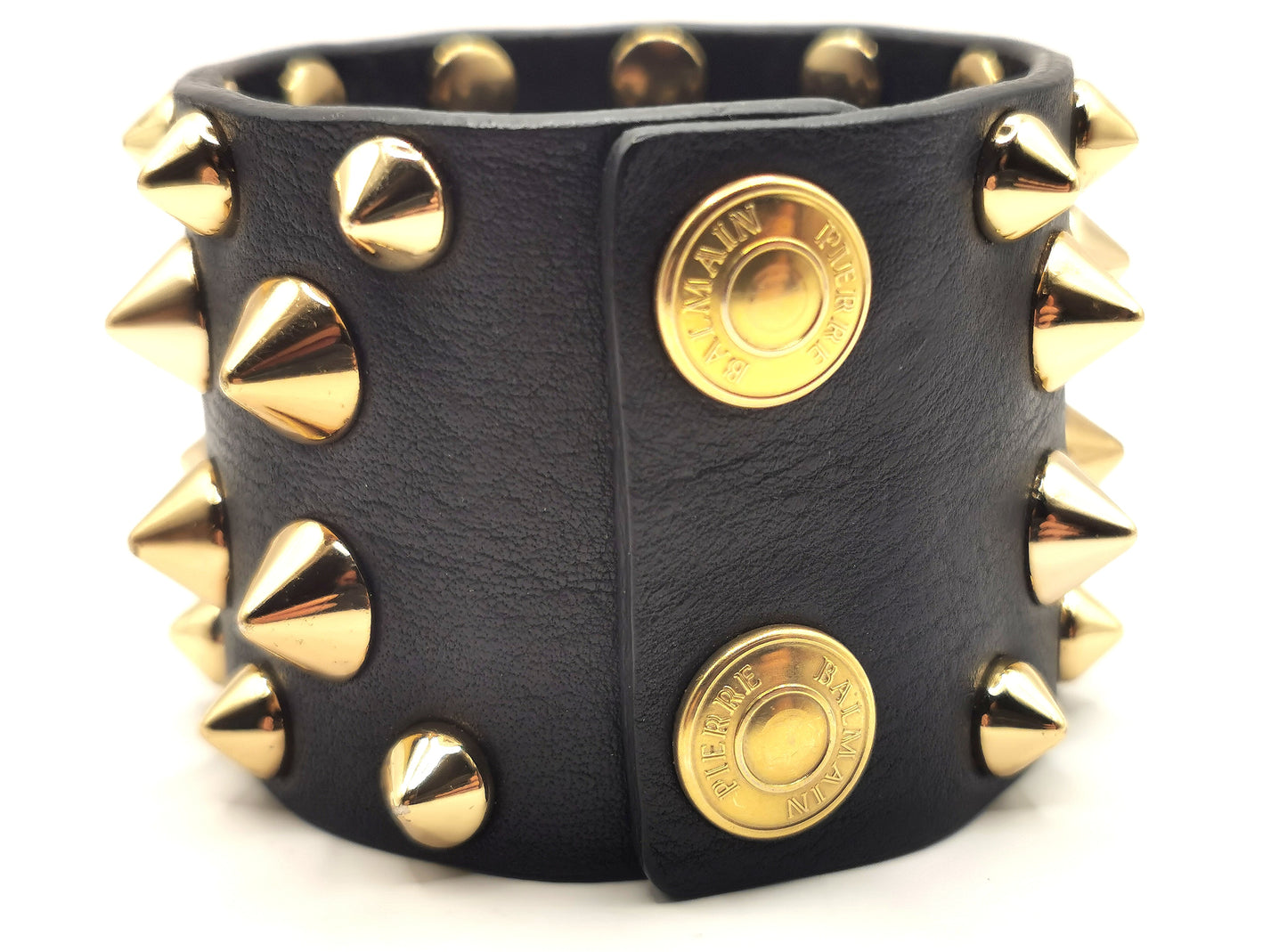Balmain studded leather cuff bracelet, black and gold
