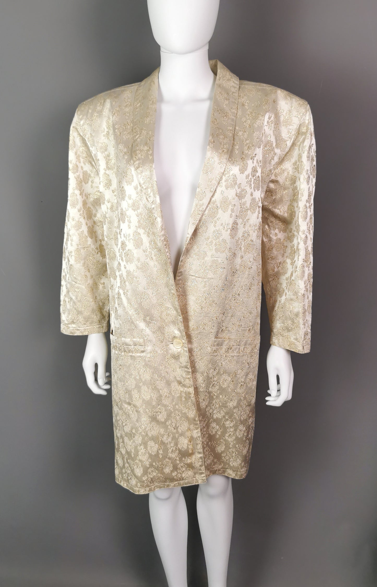 Vintage gold and cream satin Brocade jacket, longline blazer, Floral