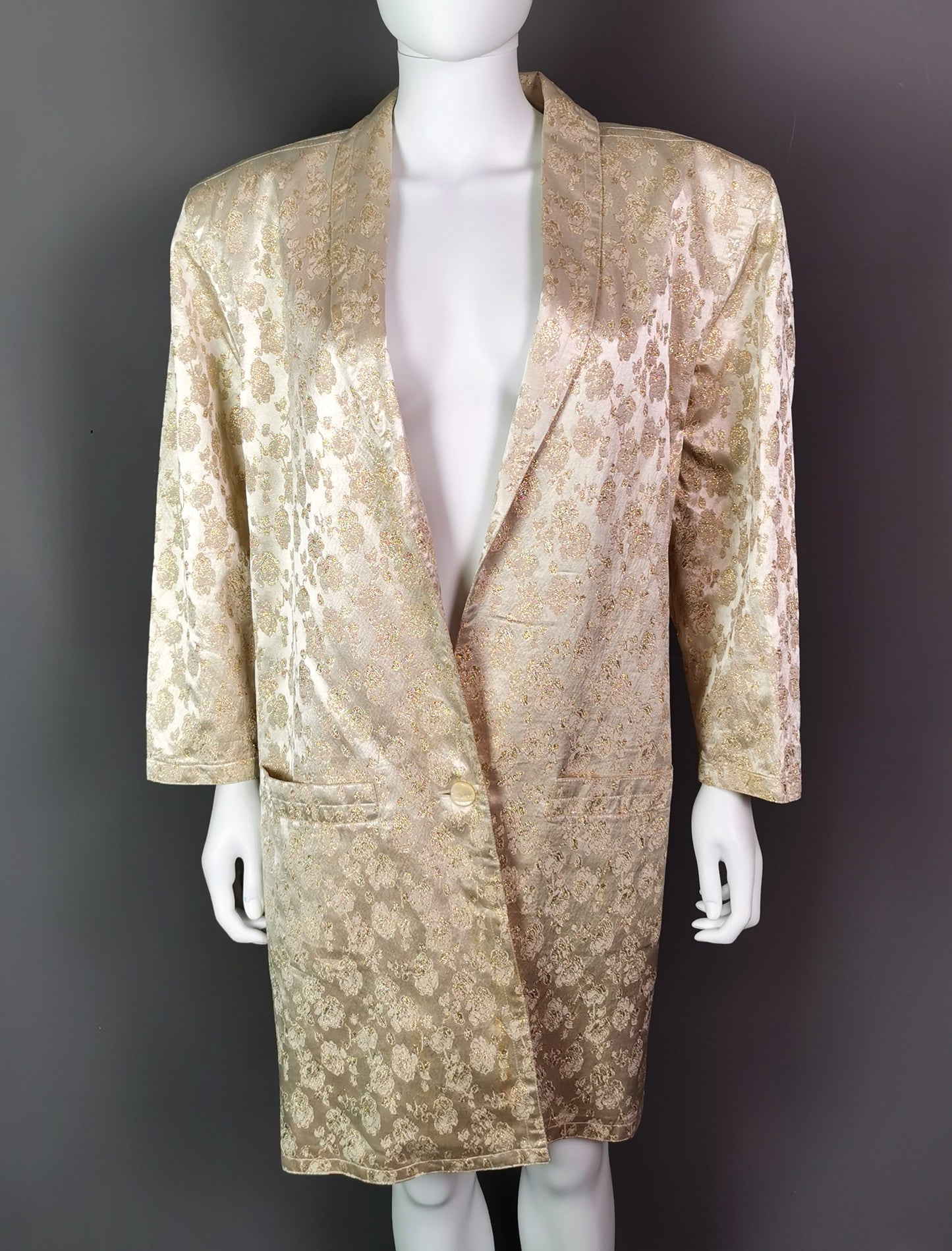 Vintage gold and cream satin Brocade jacket, longline blazer, Floral