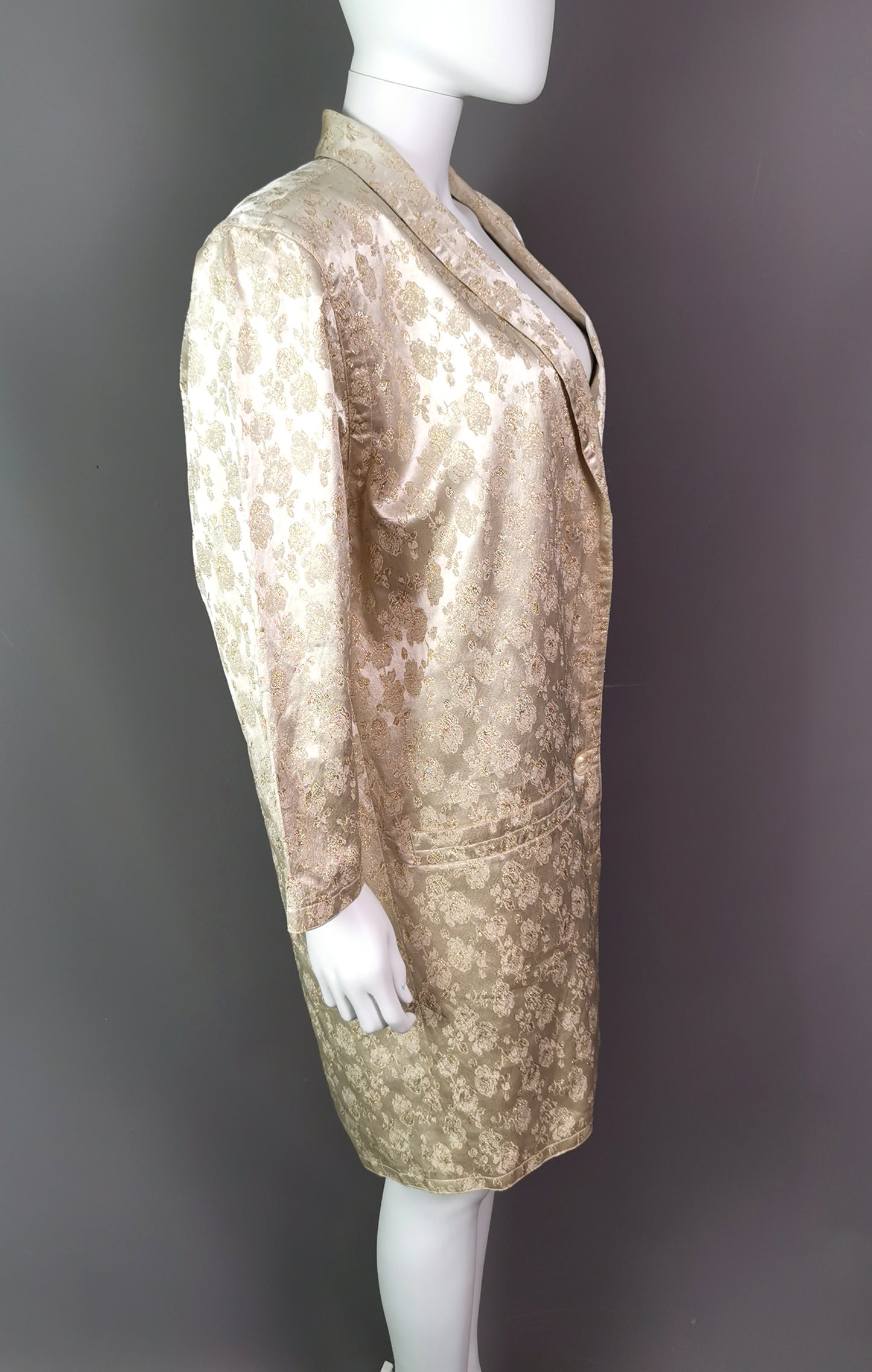 Vintage gold and cream satin Brocade jacket, longline blazer, Floral