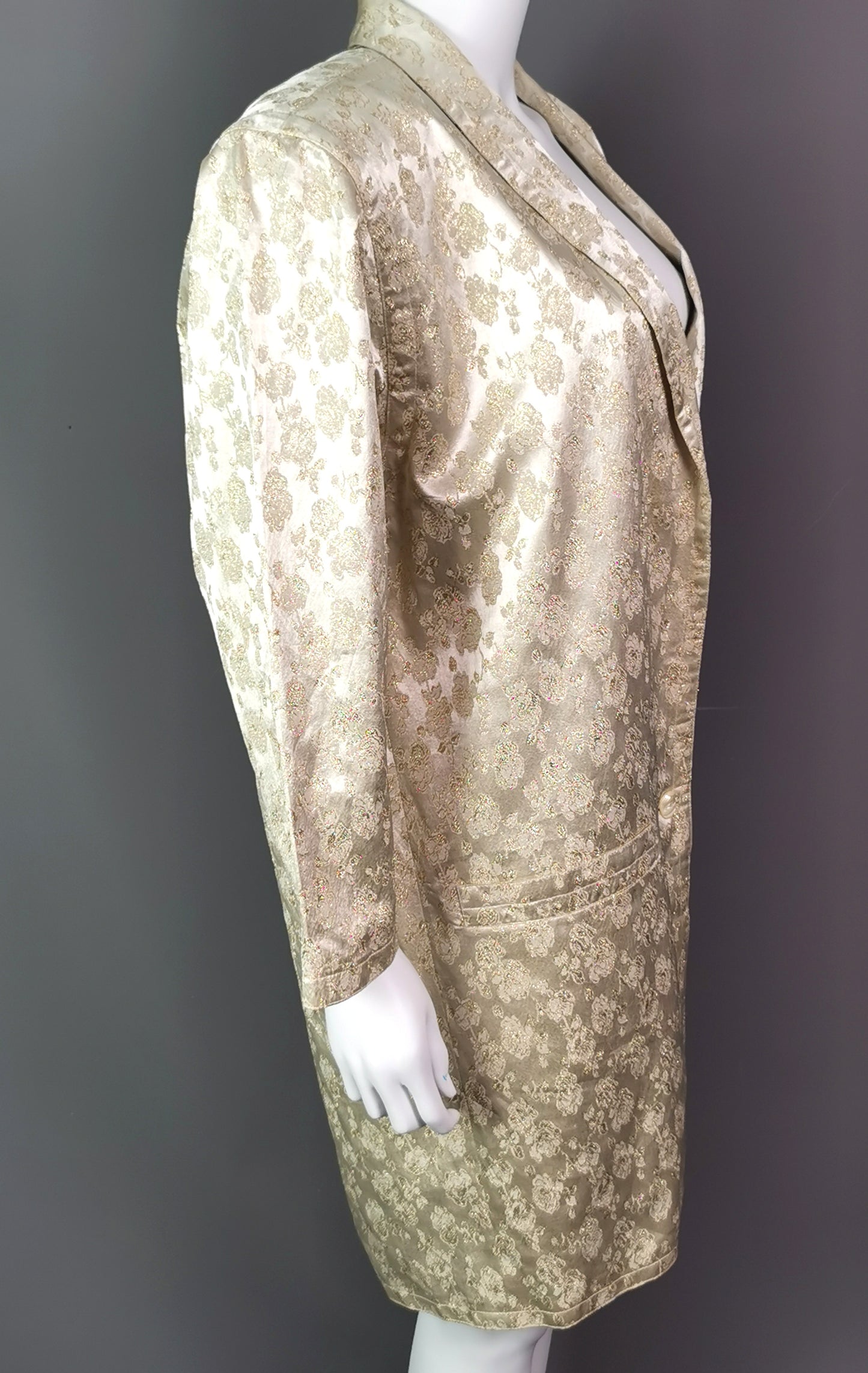 Vintage gold and cream satin Brocade jacket, longline blazer, Floral