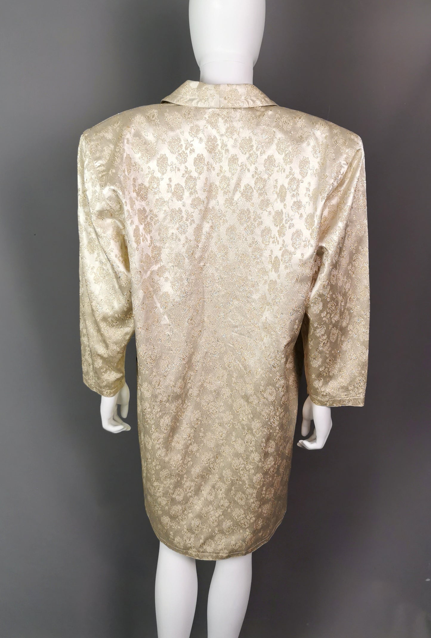 Vintage gold and cream satin Brocade jacket, longline blazer, Floral