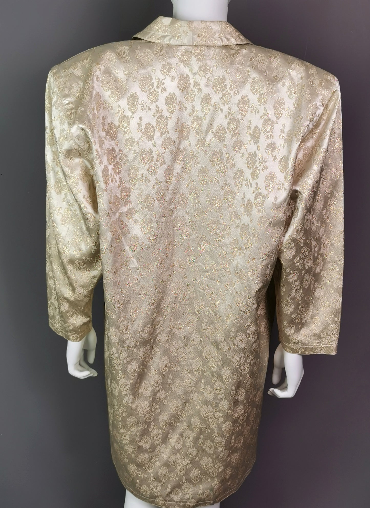Vintage gold and cream satin Brocade jacket, longline blazer, Floral