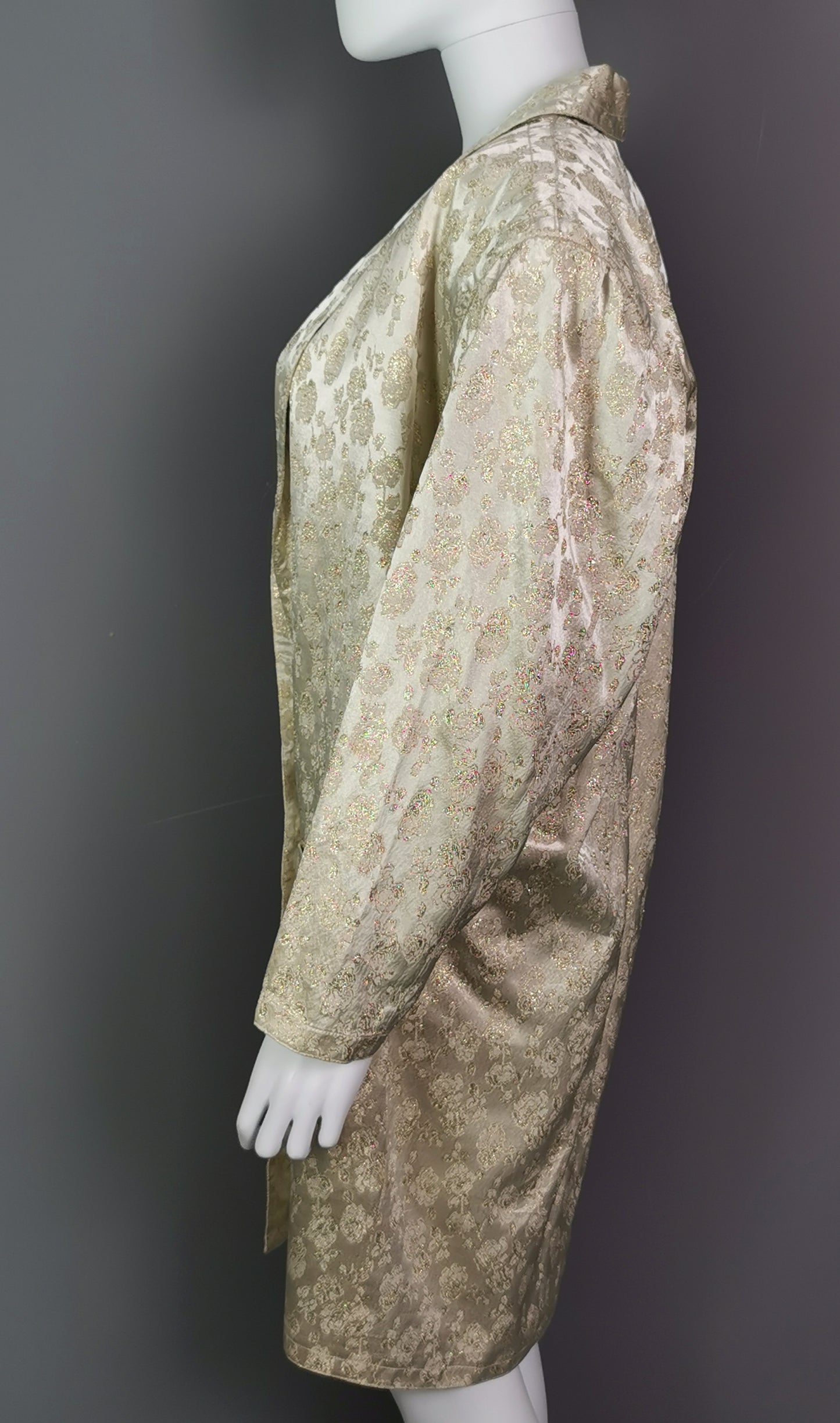 Vintage gold and cream satin Brocade jacket, longline blazer, Floral