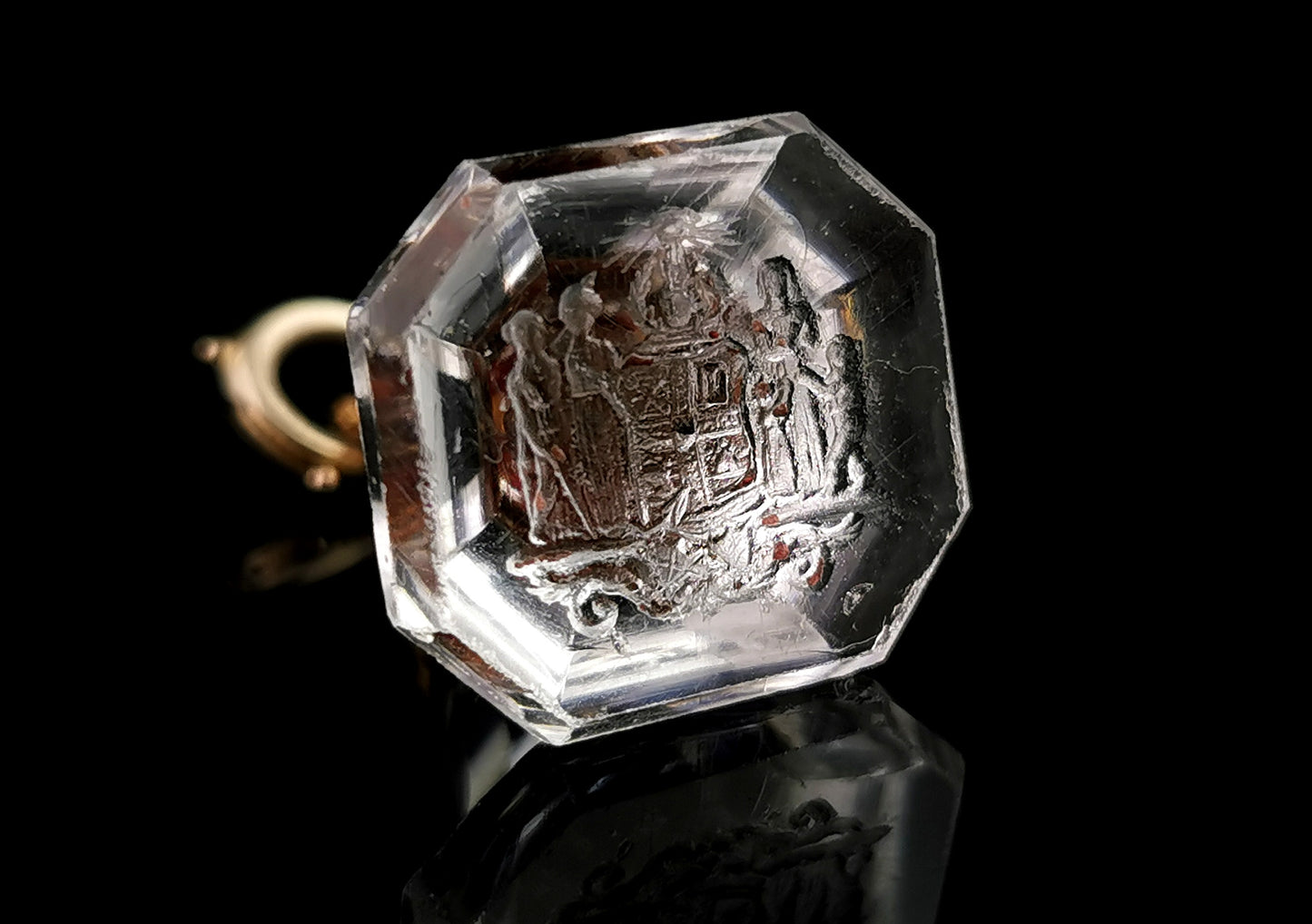 Rare antique Georgian glass intaglio seal fob, Pinchbeck, Heraldic