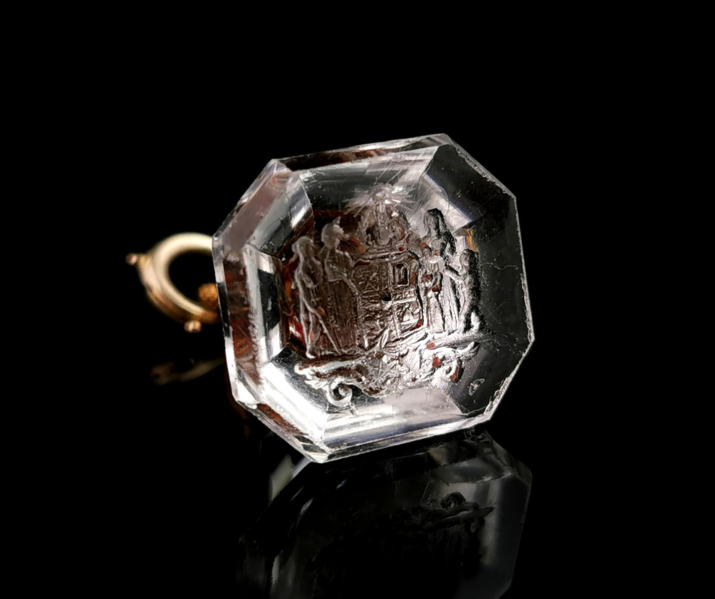 Rare antique Georgian glass intaglio seal fob, Pinchbeck, Heraldic