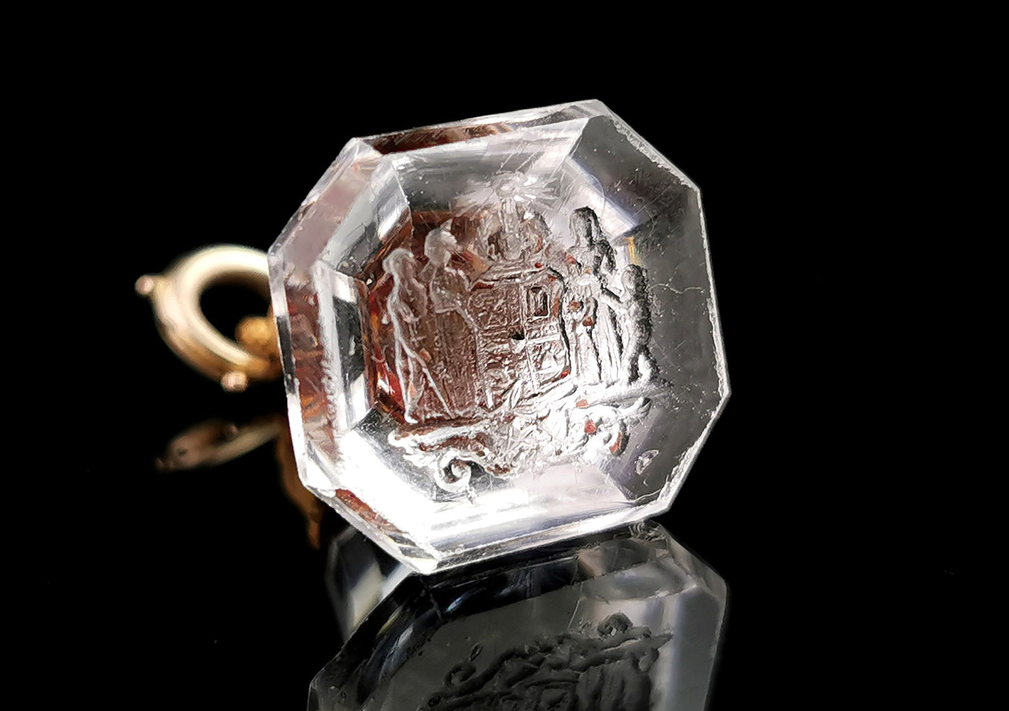 Rare antique Georgian glass intaglio seal fob, Pinchbeck, Heraldic