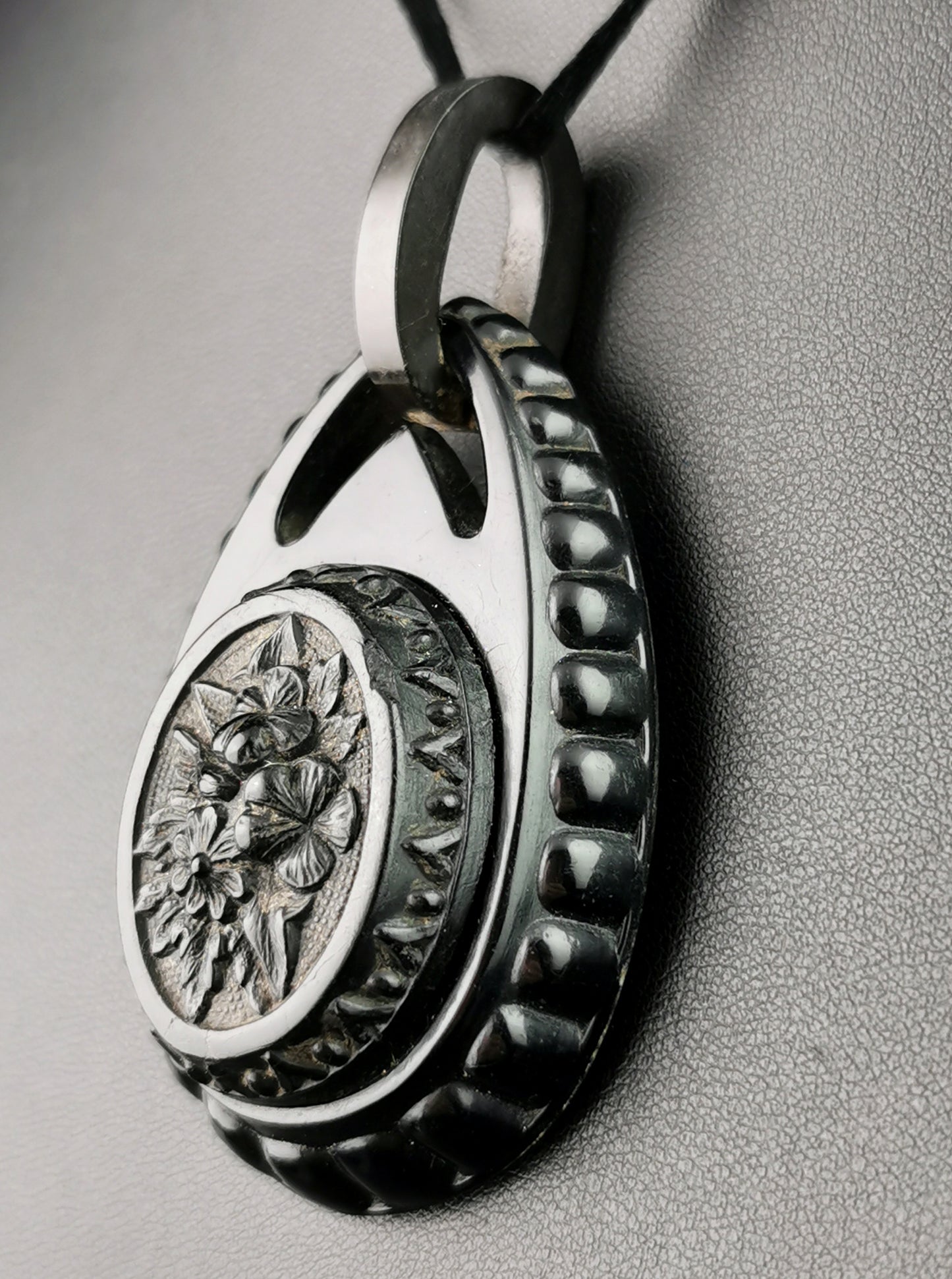 Antique Whitby Jet floral pendant, Victorian