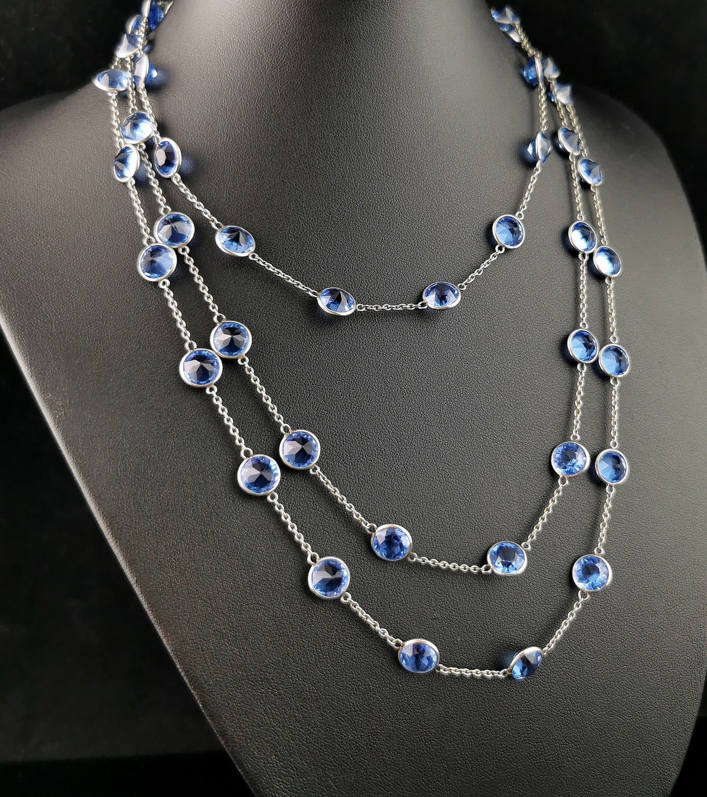Vintage Art Deco blue Paste and platinon long chain necklace